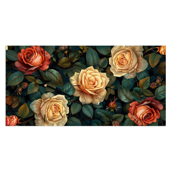Wanduhr Rosenmuster Blumen aus Glas – Querformat 60 × 30 cm mit Ziffernblatt Linie