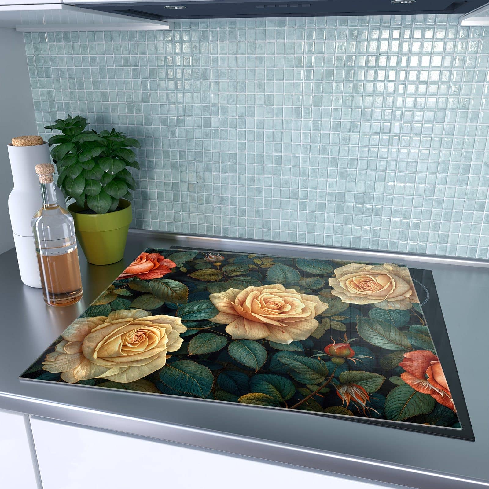 1-teilige Herdabdeckplatte Induktion mit Rosenmuster Blumen-Motiv auf dem Ceranfeld