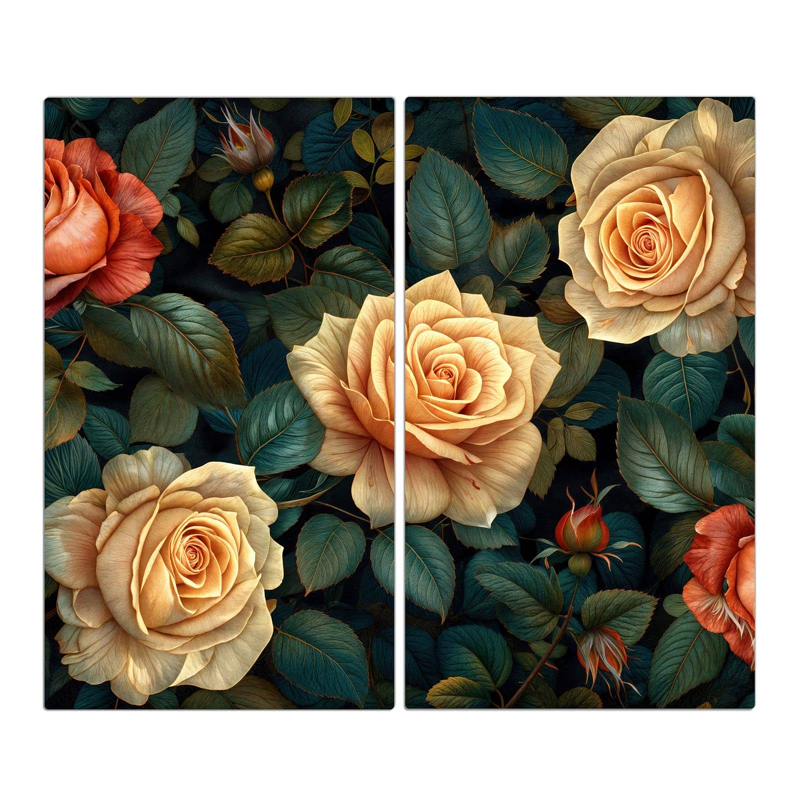 2-teilige Abdeckplatte für Ceranfeld mit Rosenmuster Blumen-Motiv in der Frontansicht #grösse_2-Teilig (60x52cm)