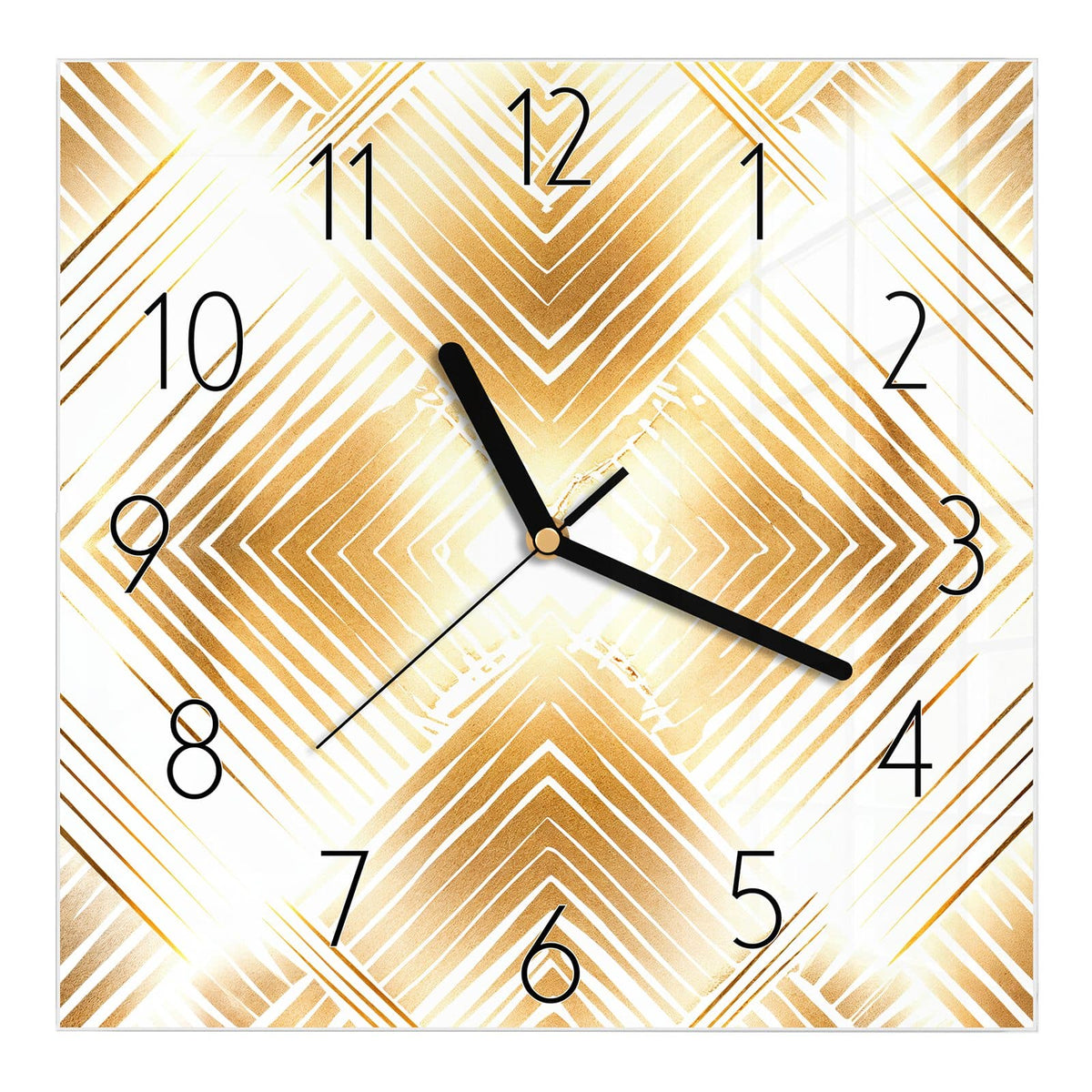 Wanduhr aus Glas, Ziffernblatt Elegant: Gitter aus goldenen Rauten, jede aus verschachtelten Winkellinien, Art-déco-Anmutung auf Weiß #ziffernblatt_Elegant