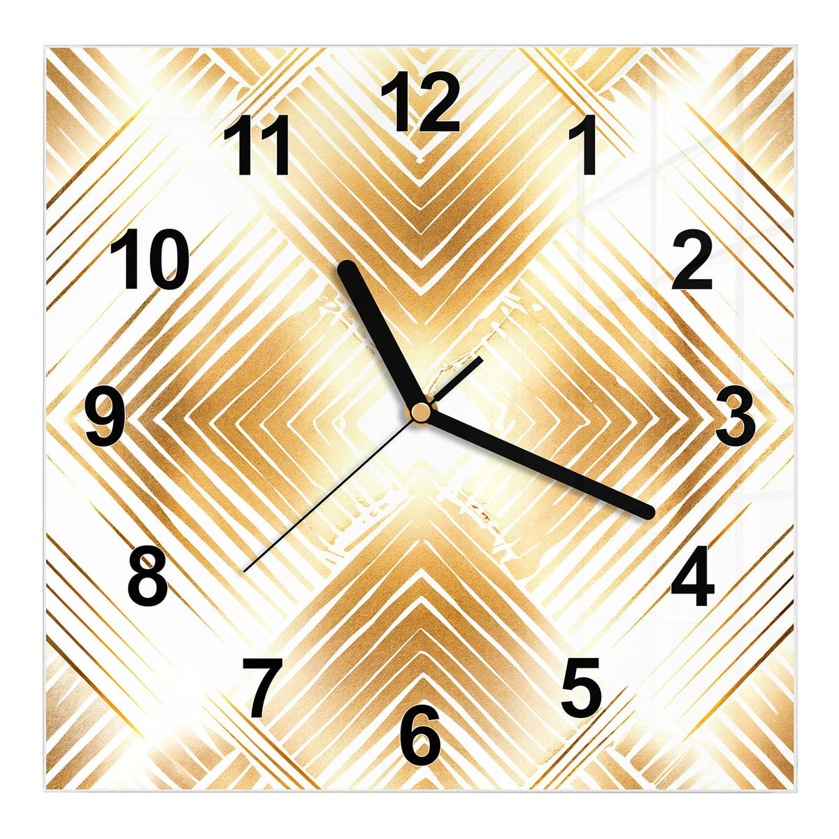 Wanduhr aus Glas, Ziffernblatt Modern: Gitter aus goldenen Rauten, jede aus verschachtelten Winkellinien, Art-déco-Anmutung auf Weiß #ziffernblatt_Modern