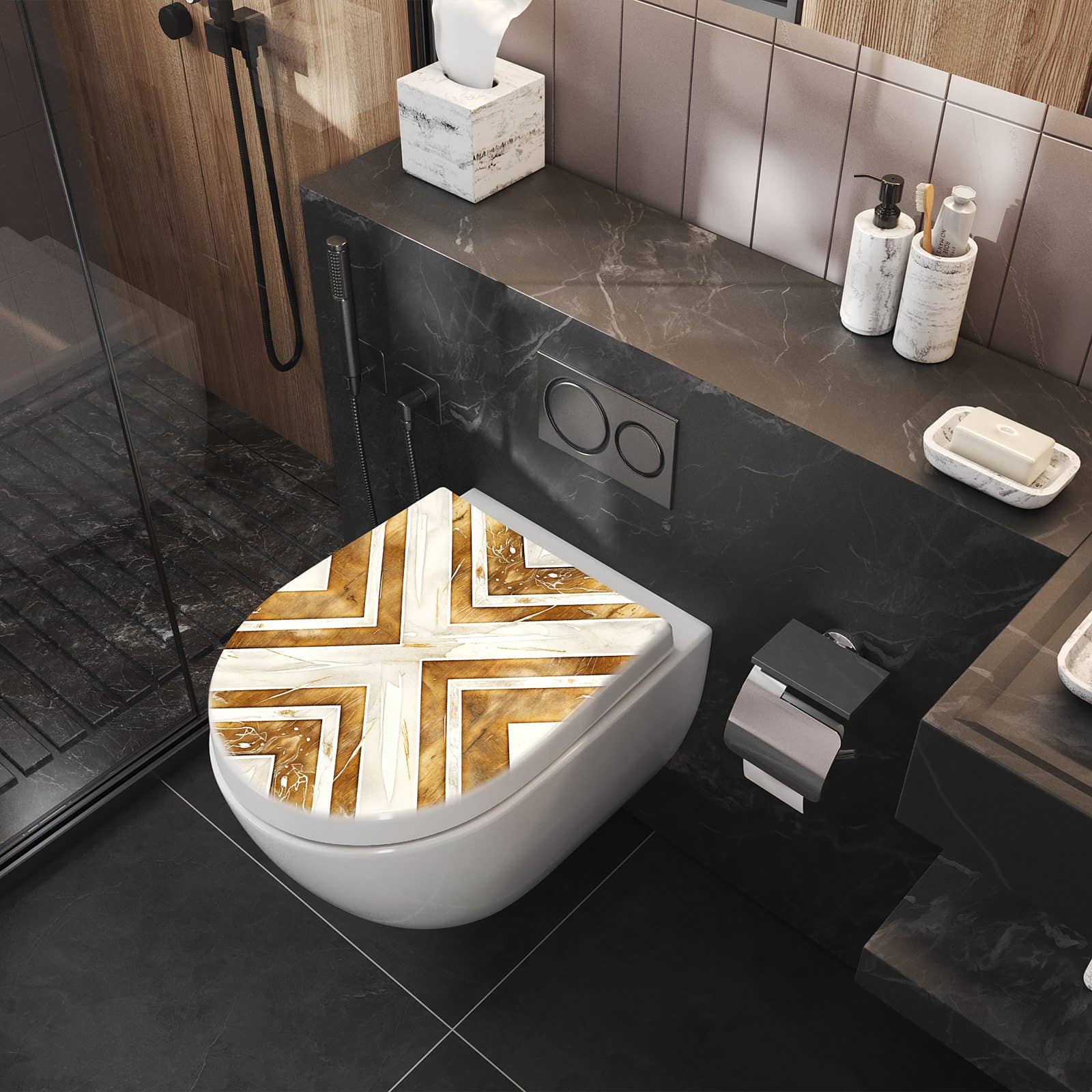 Passgenauer Softclose-WC-Sitz mit Motiv Geometrisches & Muster im Badezimmer seitliche Perspektive