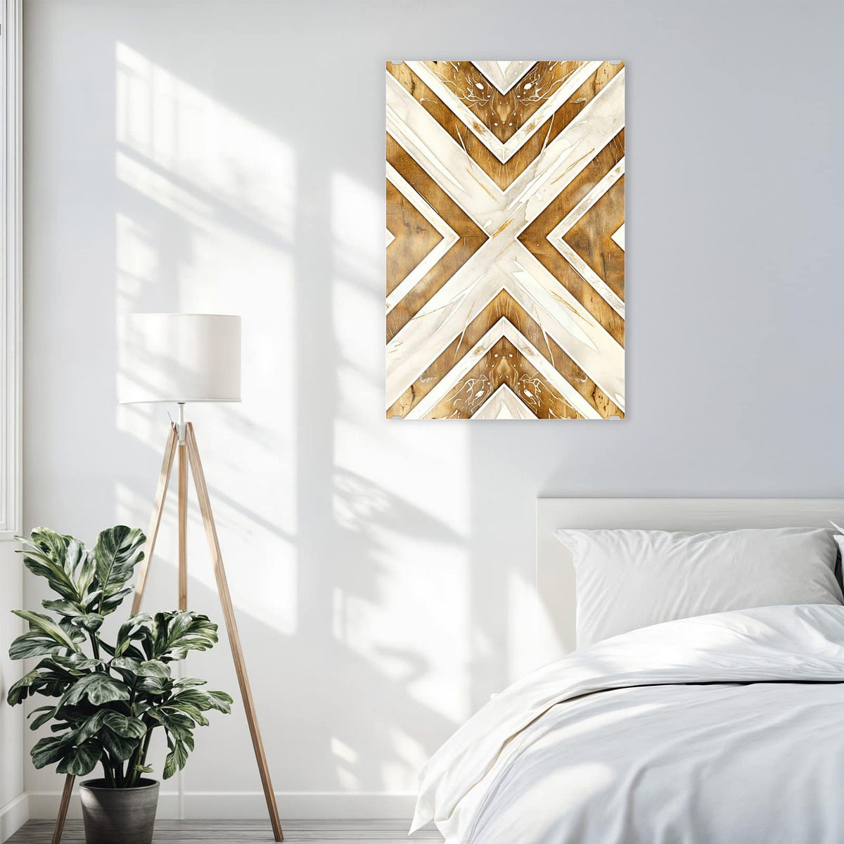 Glasbild Rauten in Holzoptik an der Wand – Große Rauten und Winkel aus Holzmaserung und cremeweißem Marmor