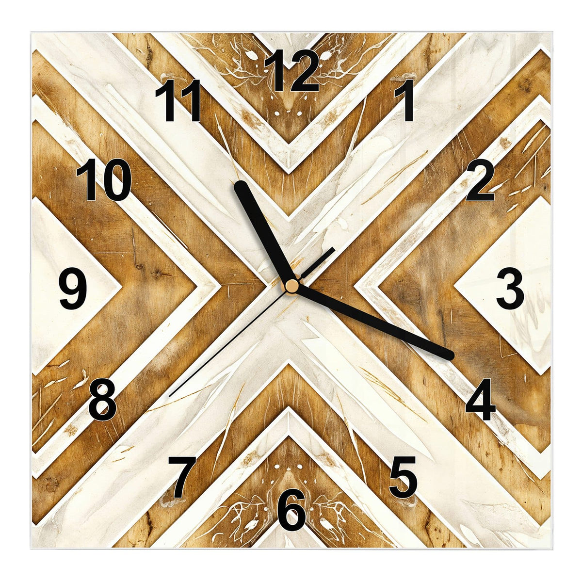 Wanduhr aus Glas, Ziffernblatt Modern mit Motiv Rauten in Holzoptik: Große Rauten und Winkel aus Holzmaserung und cremeweißem Marmor #ziffernblatt_Modern