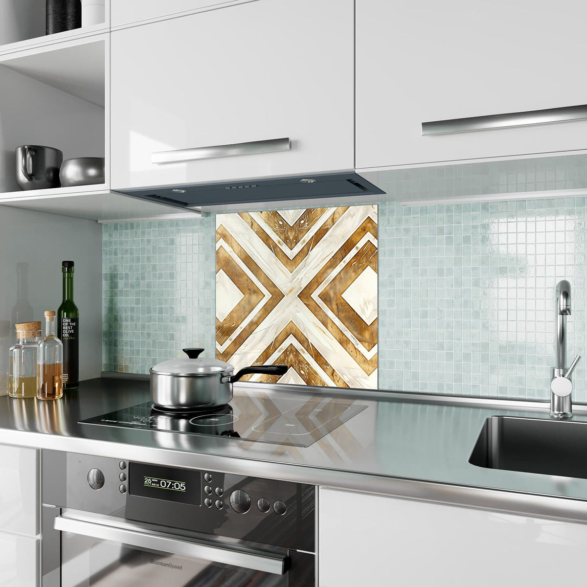 Küchenrückwand Rauten in Holzoptik aus Glas – Rautenmuster in Holz und Creme