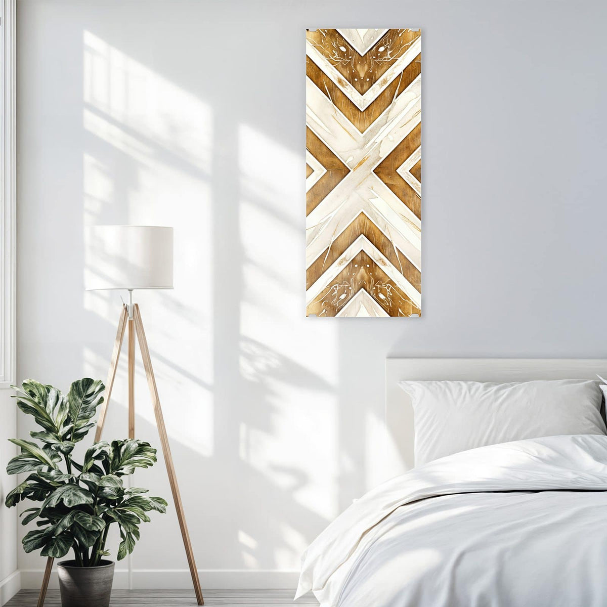 Glasbild Rauten in Holzoptik an der Wand – Große Rauten und Winkel aus Holzmaserung und cremeweißem Marmor