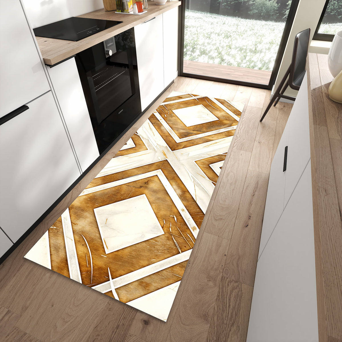 Fleckenresistenter moderner Küchenläufer mit Motiv Geometrisches Muster in moderner Küche