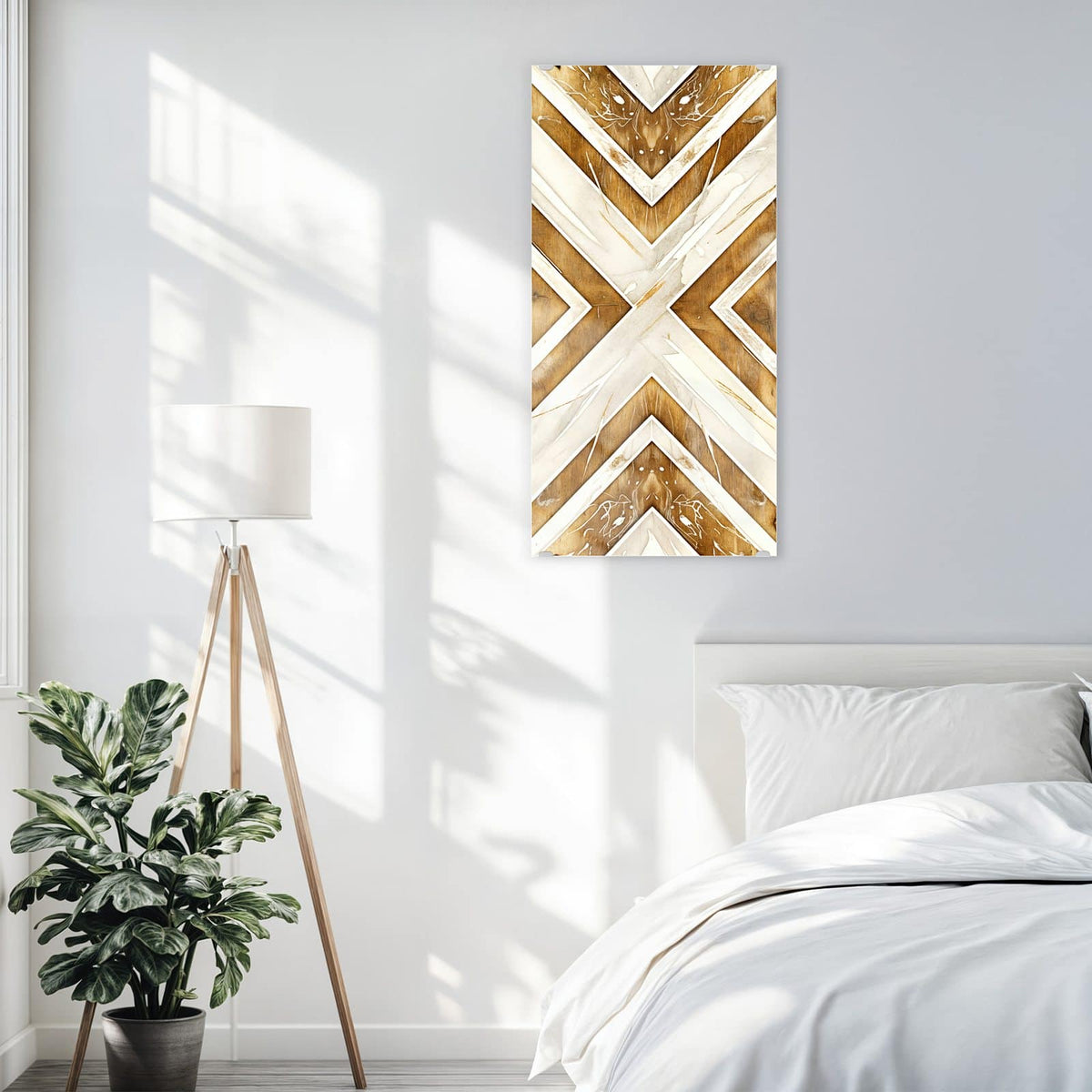 Glasbild Rauten in Holzoptik an der Wand – Große Rauten und Winkel aus Holzmaserung und cremeweißem Marmor