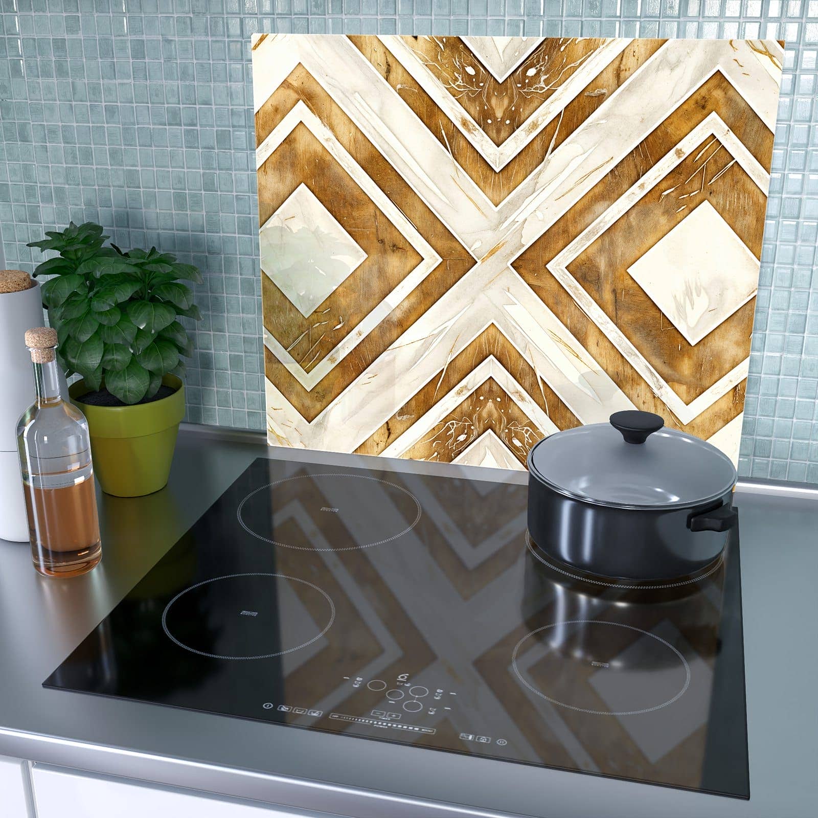 1-teilige Herdabdeckplatte Induktion mit Geometrisches & Muster-Motiv als Spritzschutz hinter dem Kochfeld