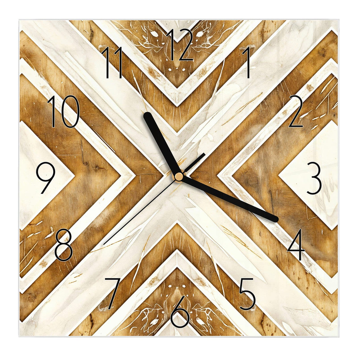 Wanduhr aus Glas, Ziffernblatt Elegant mit Motiv Rauten in Holzoptik: Große Rauten und Winkel aus Holzmaserung und cremeweißem Marmor #ziffernblatt_Elegant