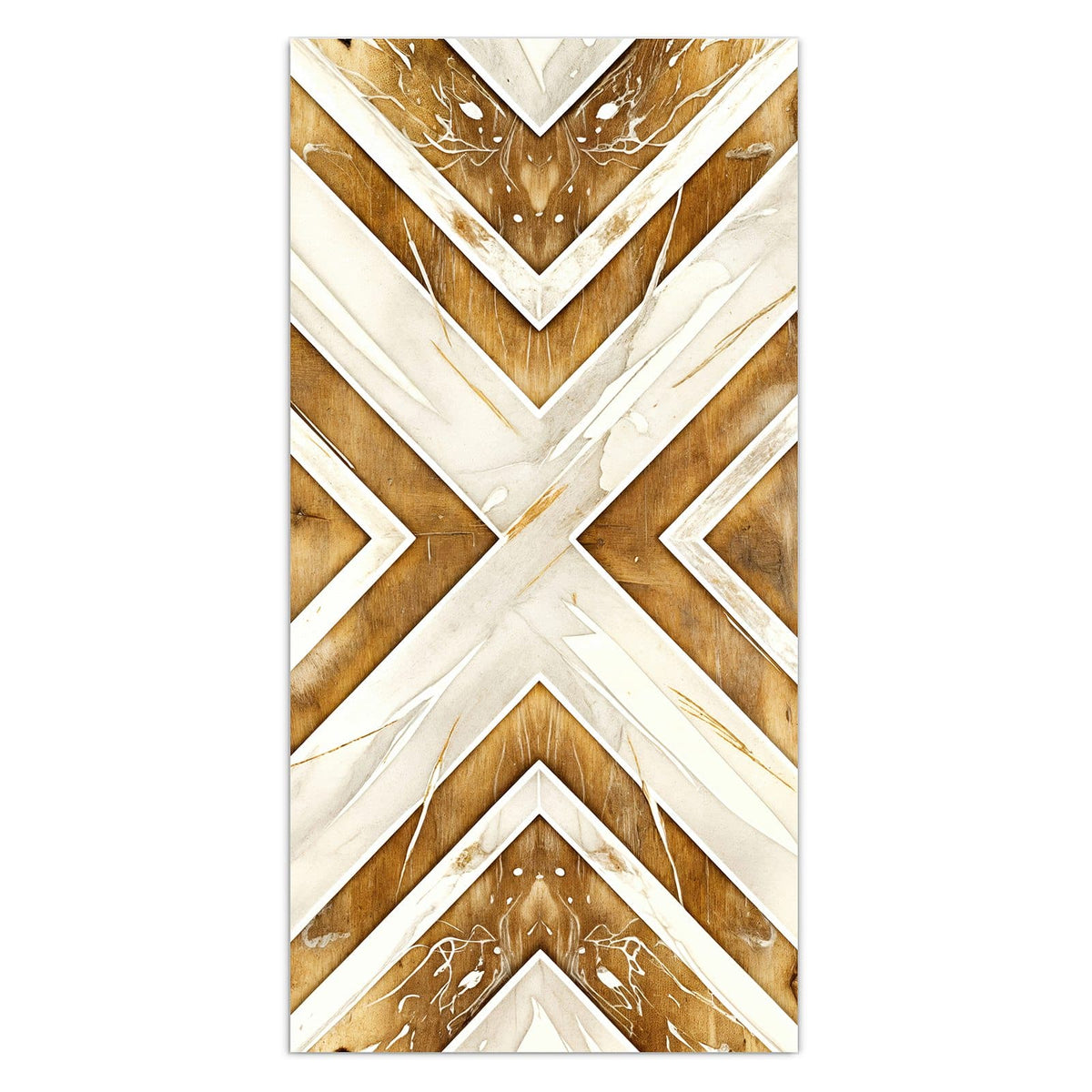 Wandbild aus Glas mit Motiv Rauten in Holzoptik: Große Rauten und Winkel aus Holzmaserung und cremeweißem Marmor #grösse_30 x 60 cm #grösse_40 x 80 cm #grösse_50 x 100 cm #grösse_55 x 110 cm #grösse_60 x 120 cm