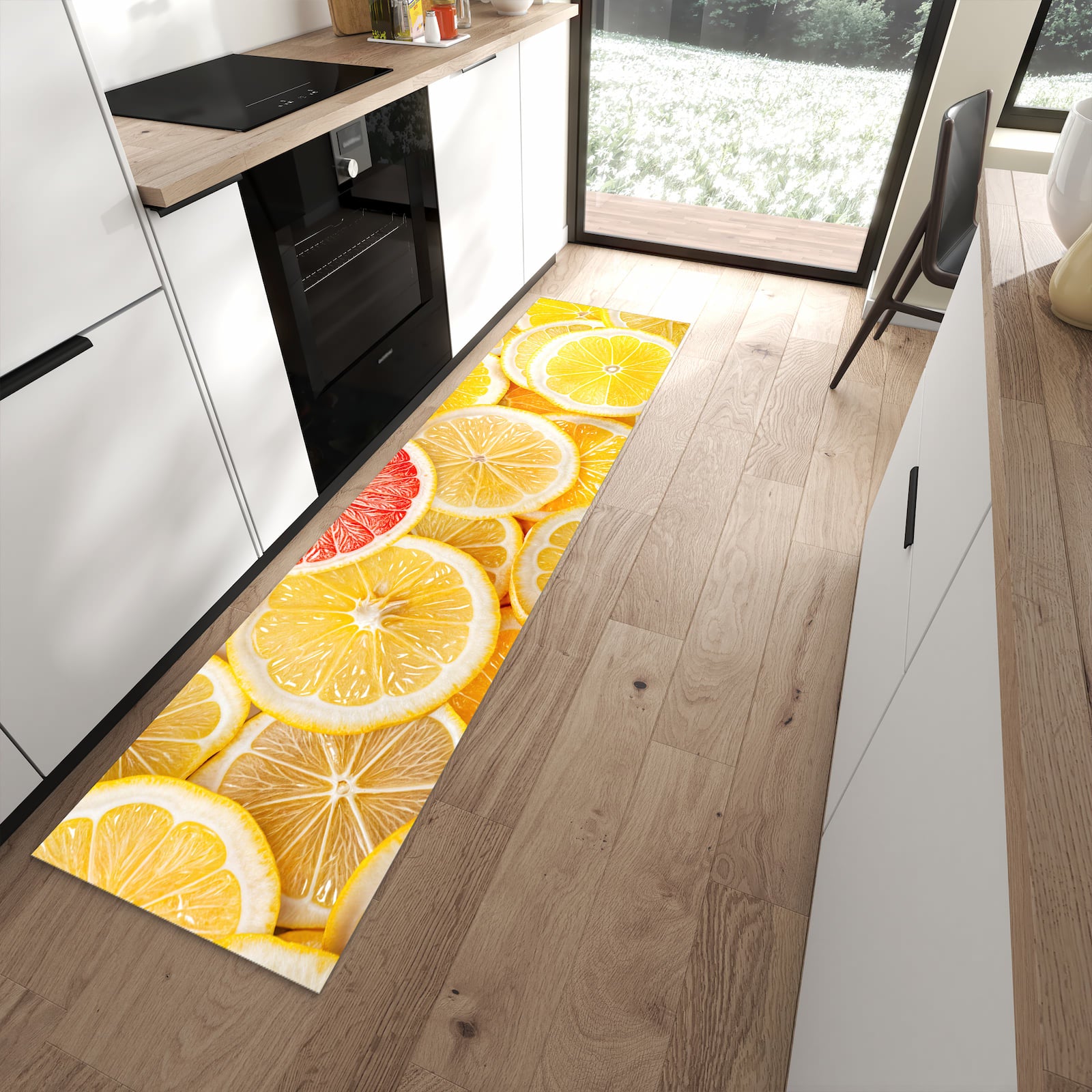Flacher Küchenläufer mit Motiv Zitrusfrüchte in moderner Küche