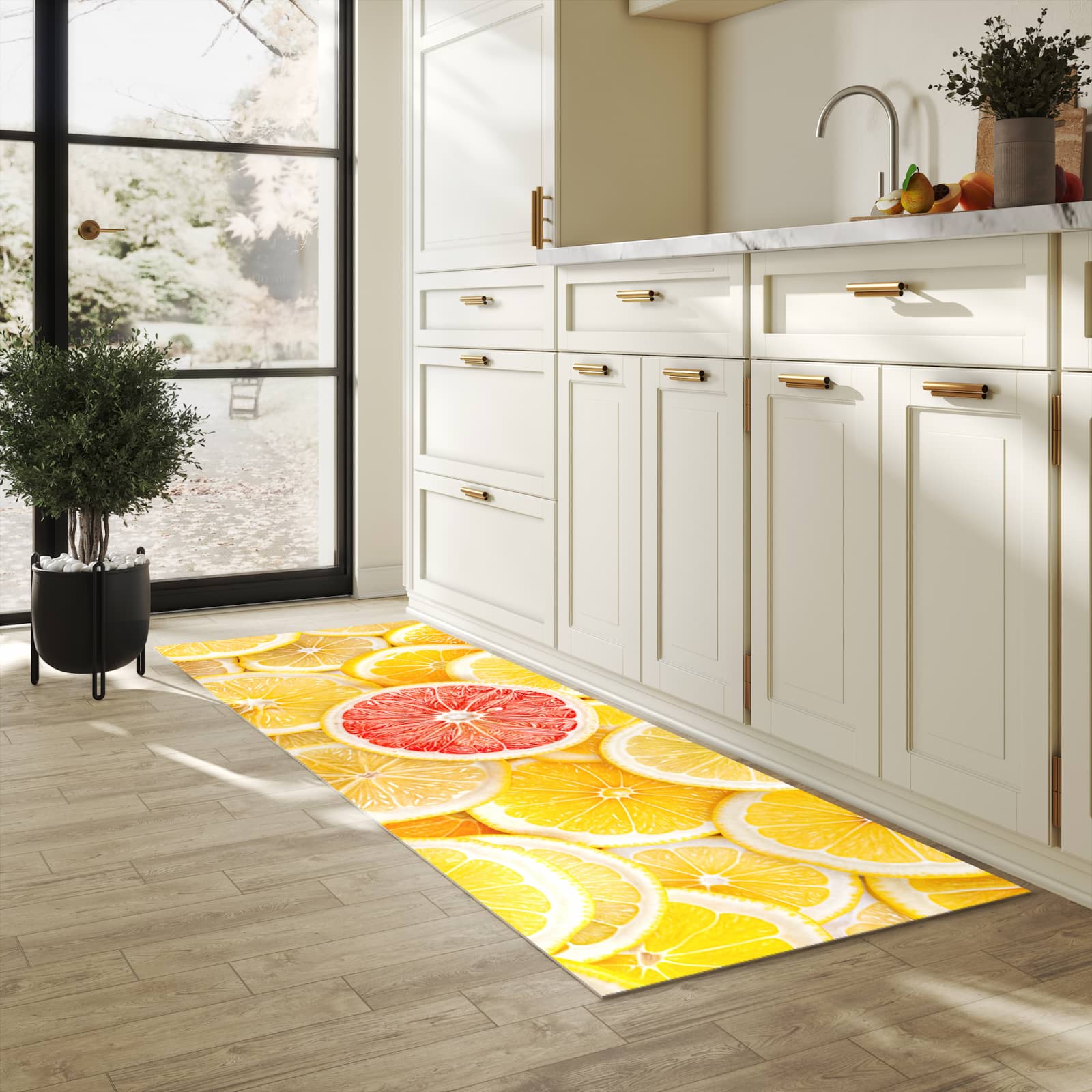 Pflegeleichter waschbarer Küchenläufer mit Motiv Zitrusfrüchte in heller Küche