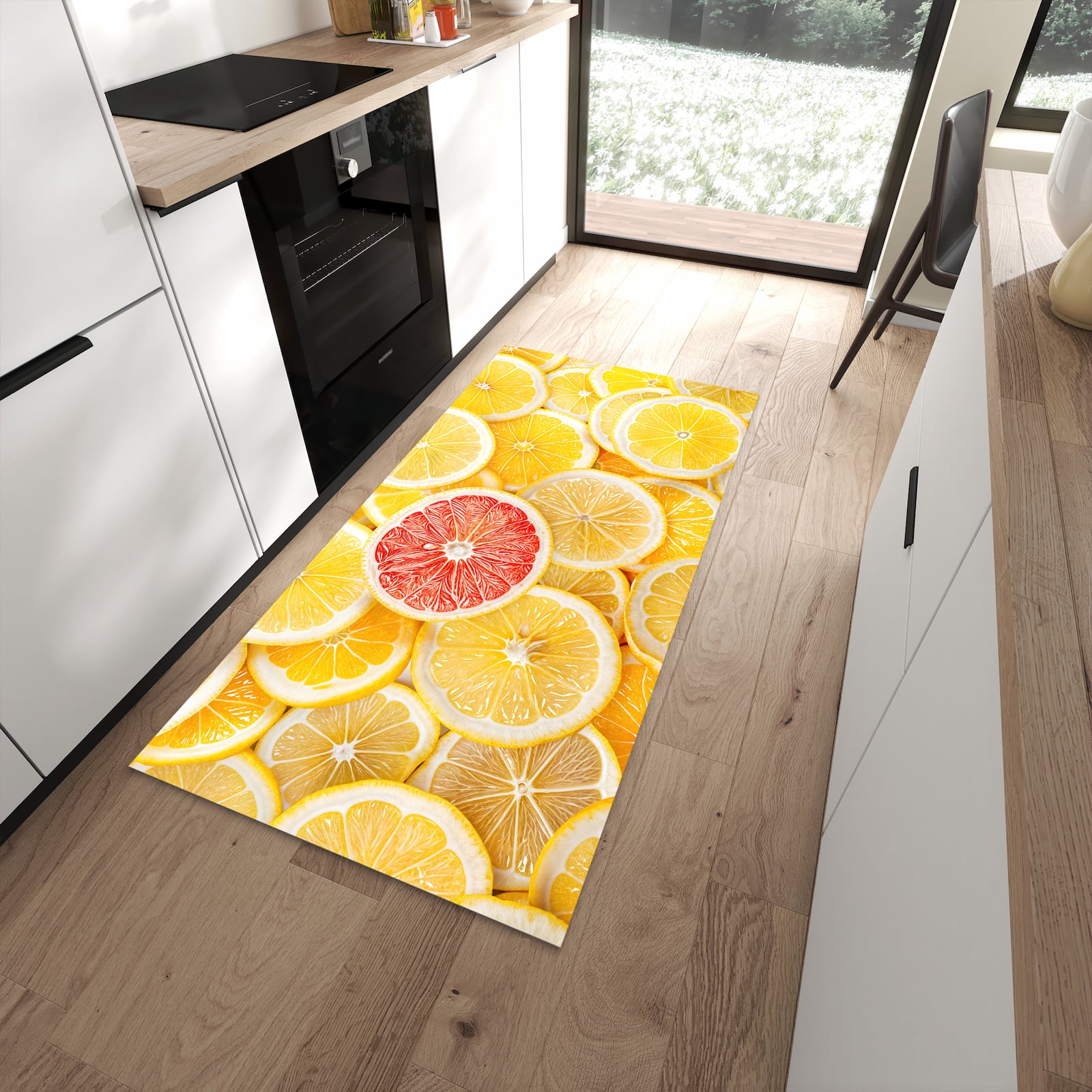 Rutschfester großer Küchenteppich mit Motiv Zitrusfrüchte in moderner Küche