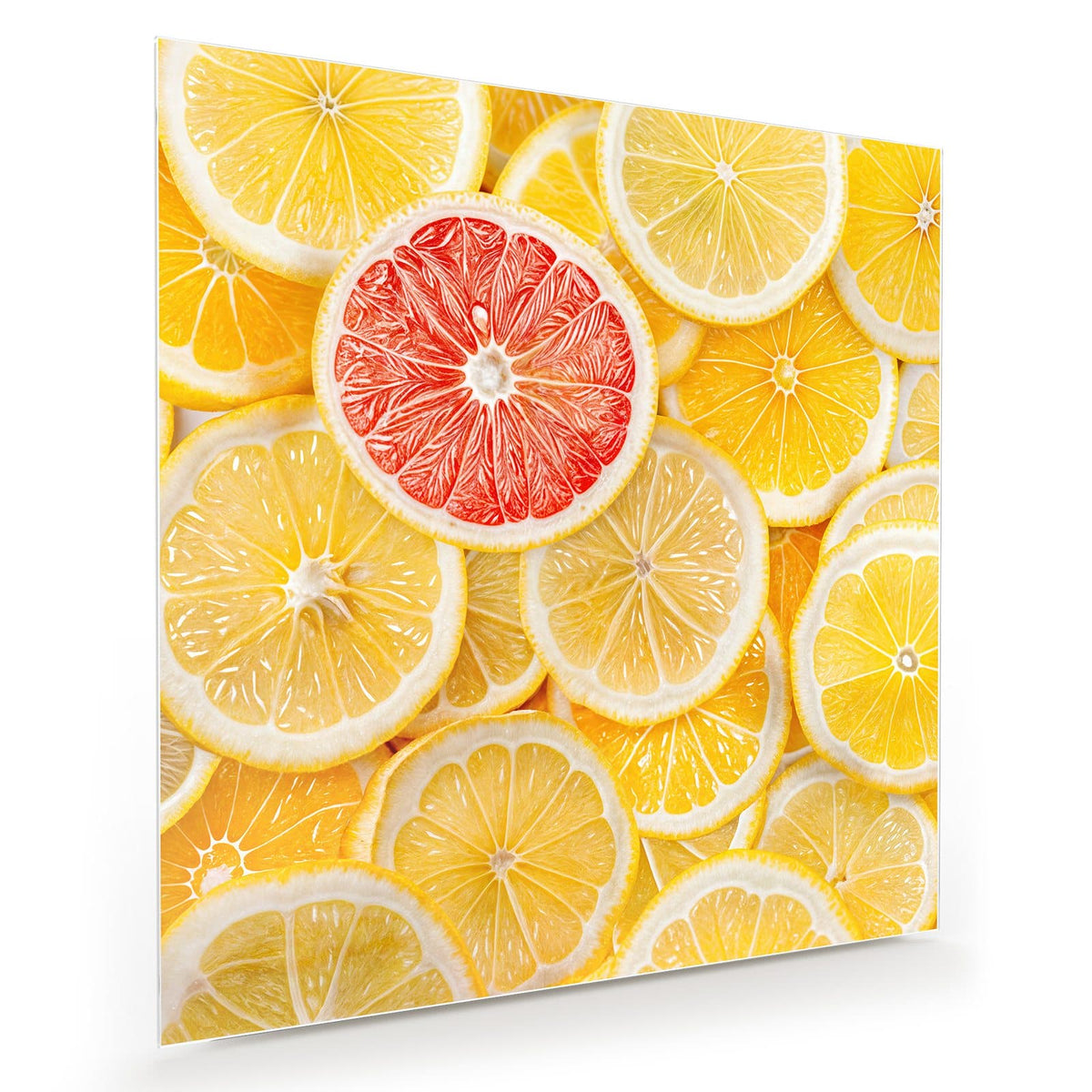 Flächenfüllend gelbe und orange Zitrusscheiben, in der oberen Bildmitte eine einzelne rote Grapefruitscheibe