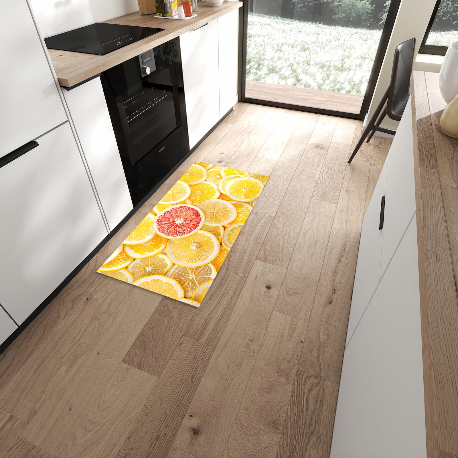 Schmutzabweisender Küchenteppich mit Motiv Zitrusfrüchte in moderner Küche #grösse_60 x 120 cm