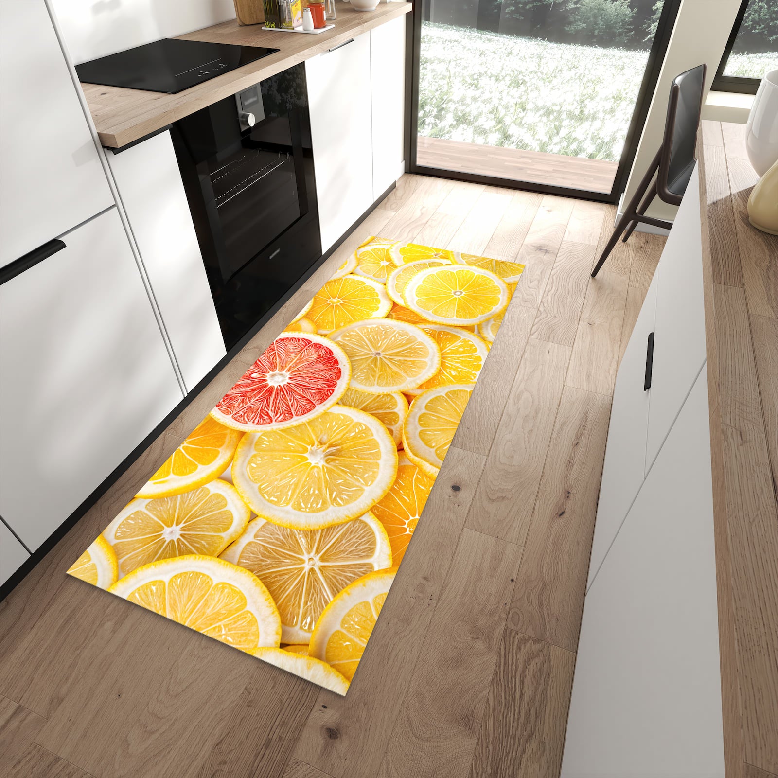 Hygienischer rutschfester Küchenteppich mit Motiv Zitrusfrüchte in moderner Küche