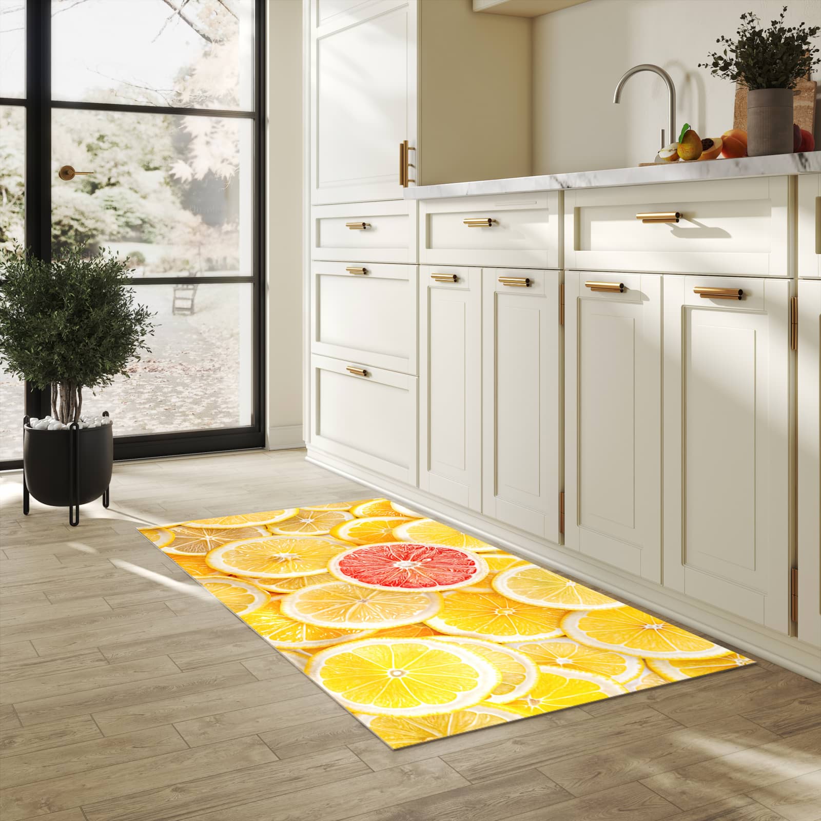 Pflegeleichter Läufer mit Motiv Zitrusfrüchte in heller Küche für einfache Reinigung