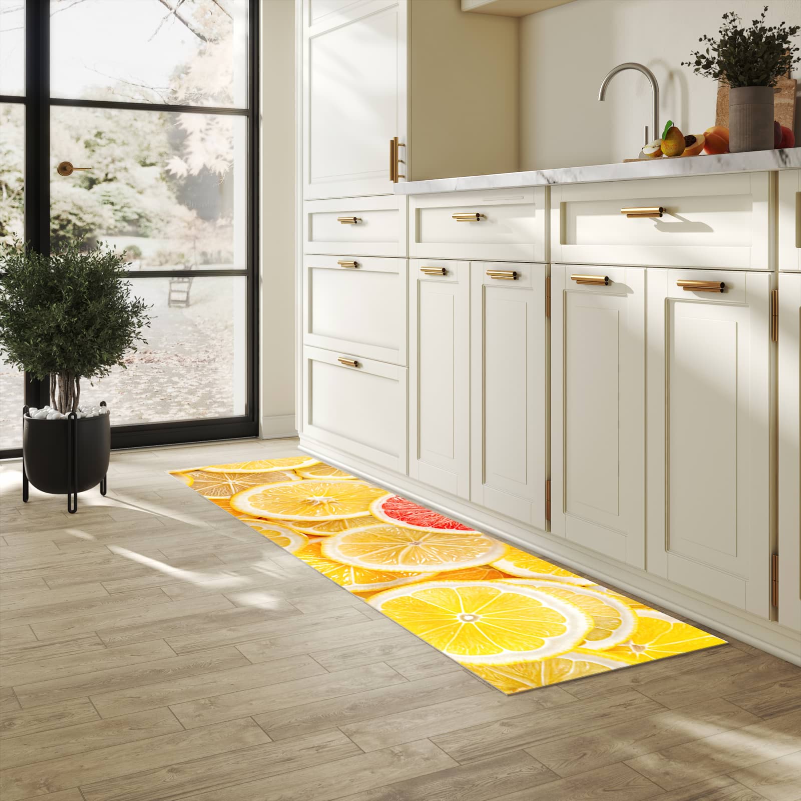 Fleckenresistenter waschbarer Teppich Küche mit Motiv Zitrusfrüchte in heller Küche