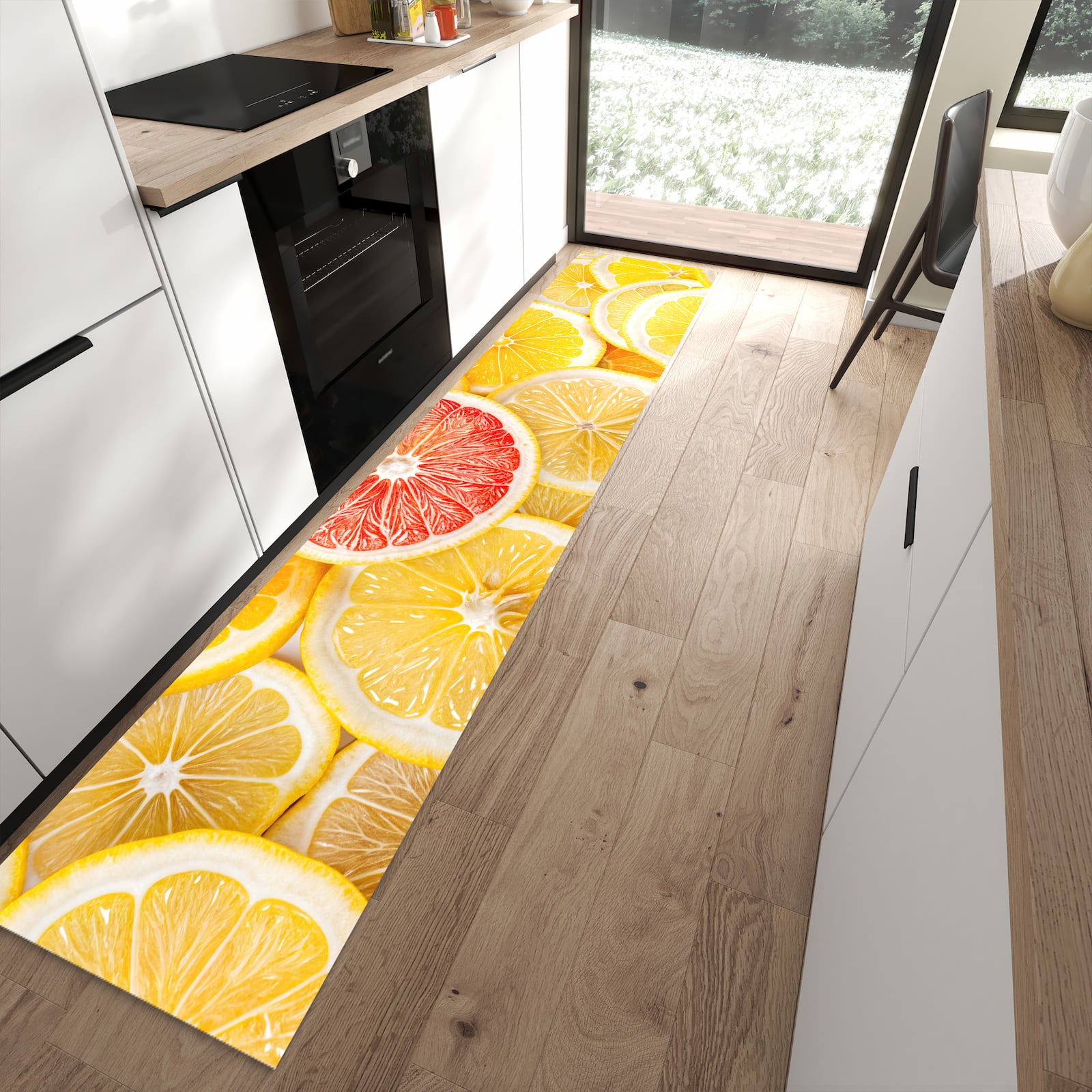 Waschbarer Küchenteppich mit Motiv Zitrusfrüchte in moderner Küche