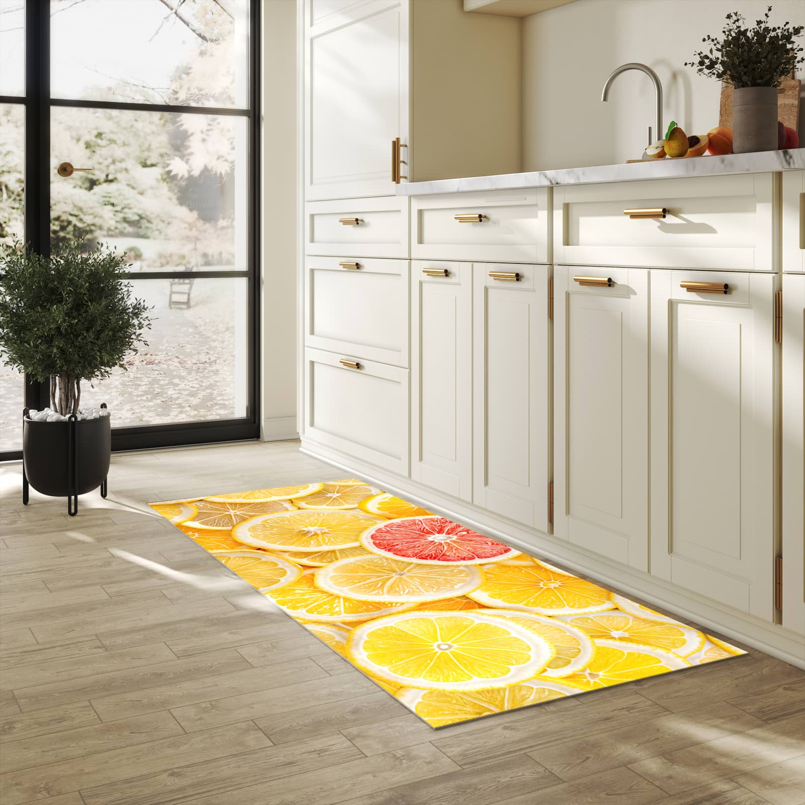 Flacher waschbarer Läufer für die Küche mit Motiv Zitrusfrüchte in heller Küche