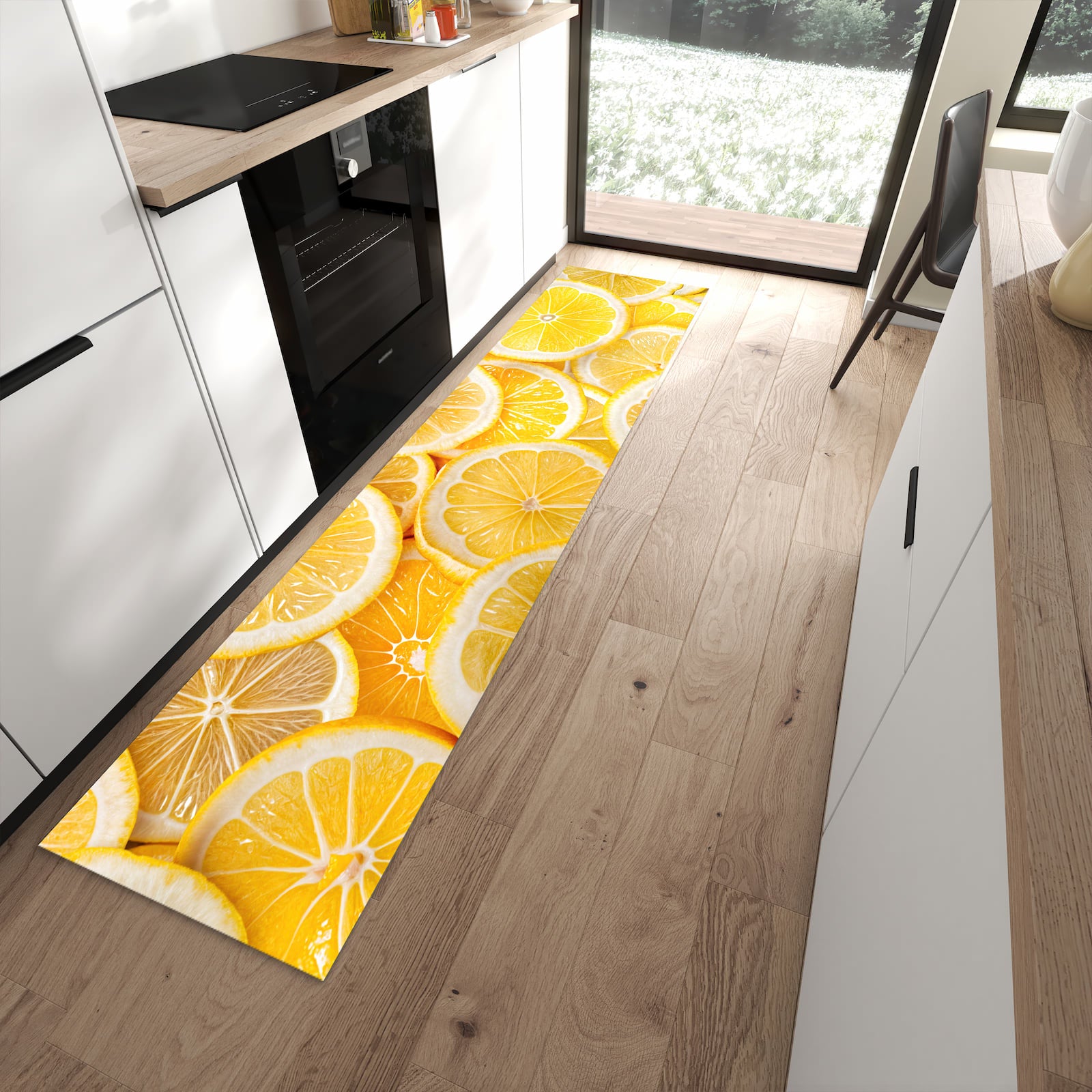 Rutschfester Küchenteppich mit Motiv Zitrusfrüchte in moderner Küche