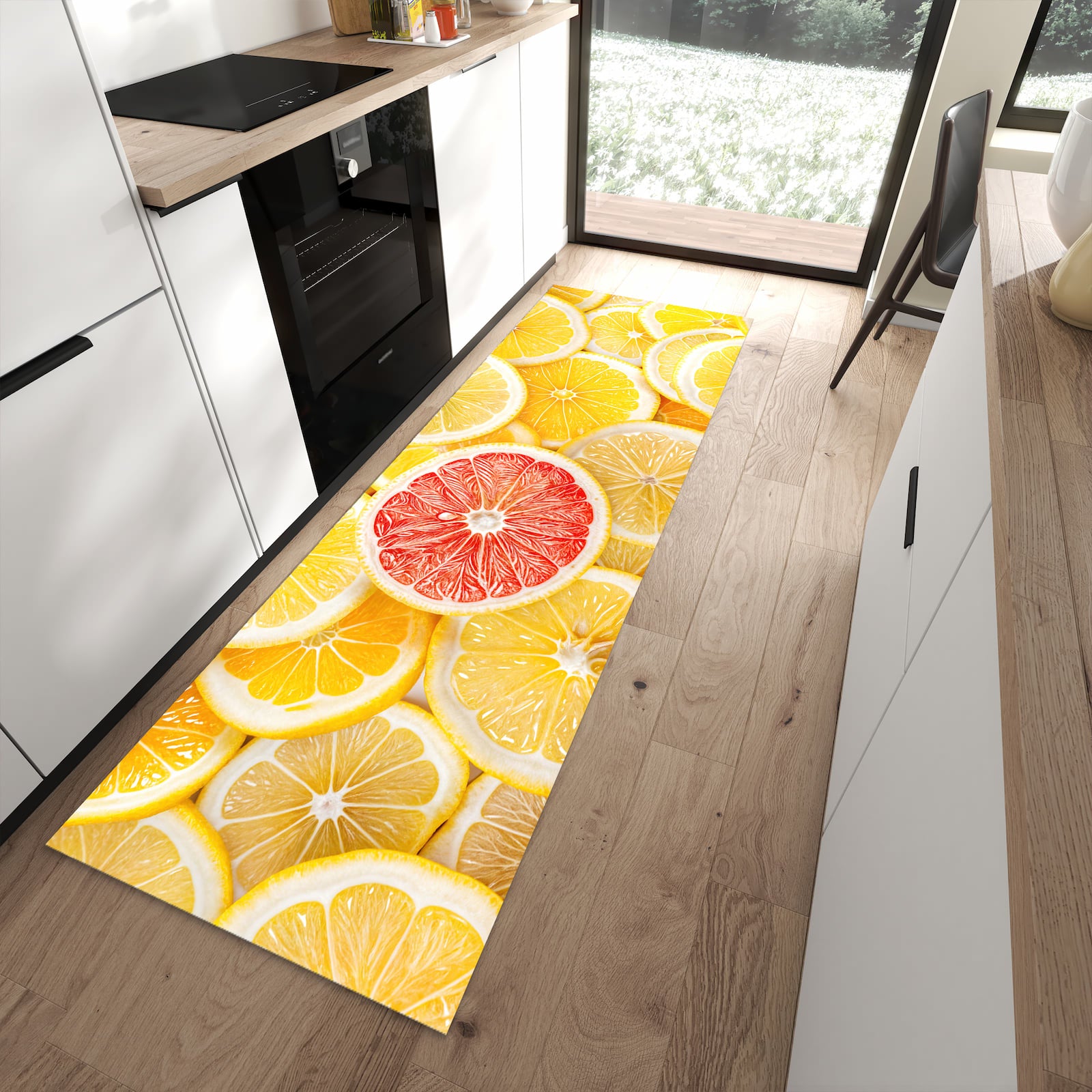 Strapazierfähiger Küchenteppich mit Motiv Zitrusfrüchte in moderner Küche