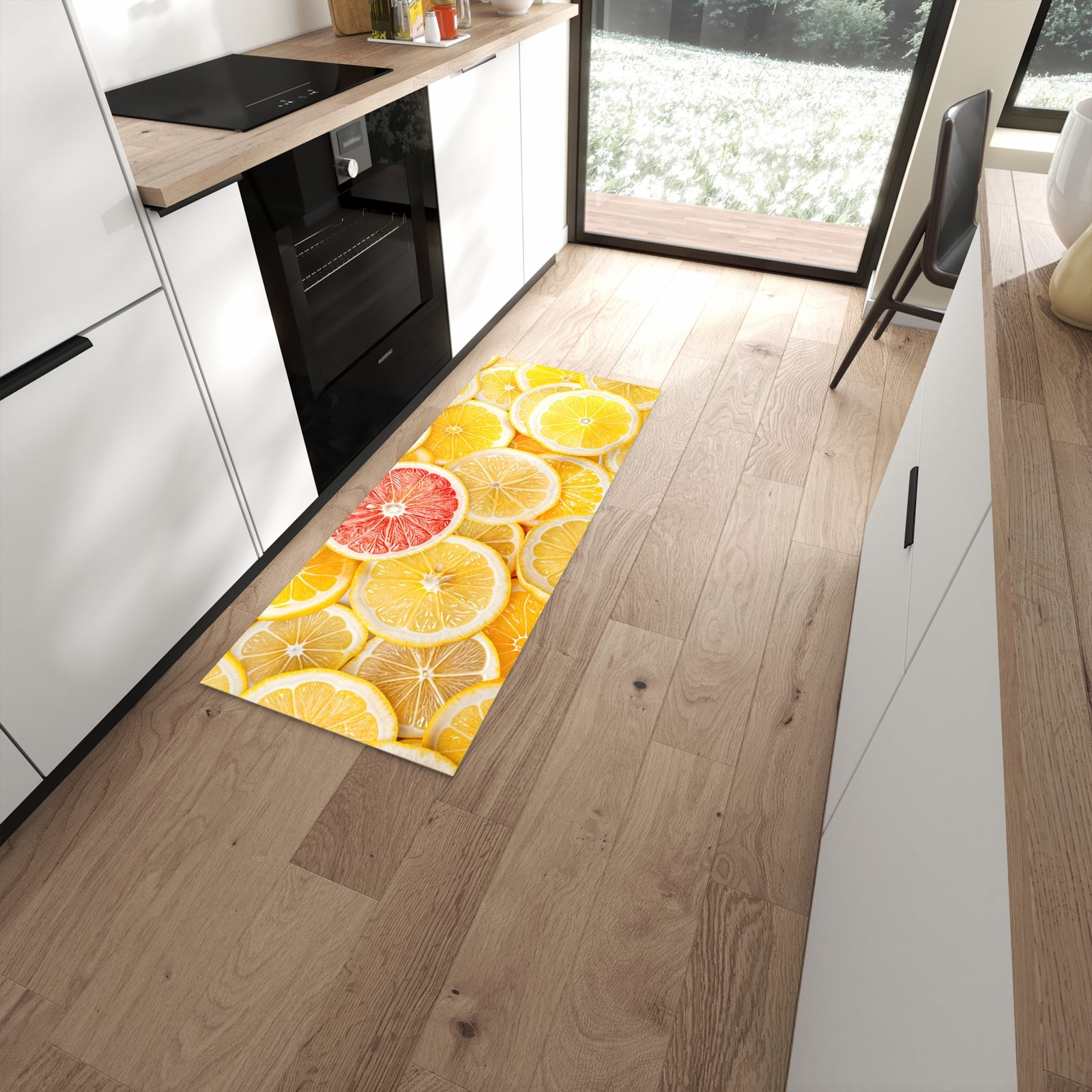 Geruchsneutraler Teppich in Küche mit Motiv Zitrusfrüchte in moderner Küche #grösse_60 x 150 cm