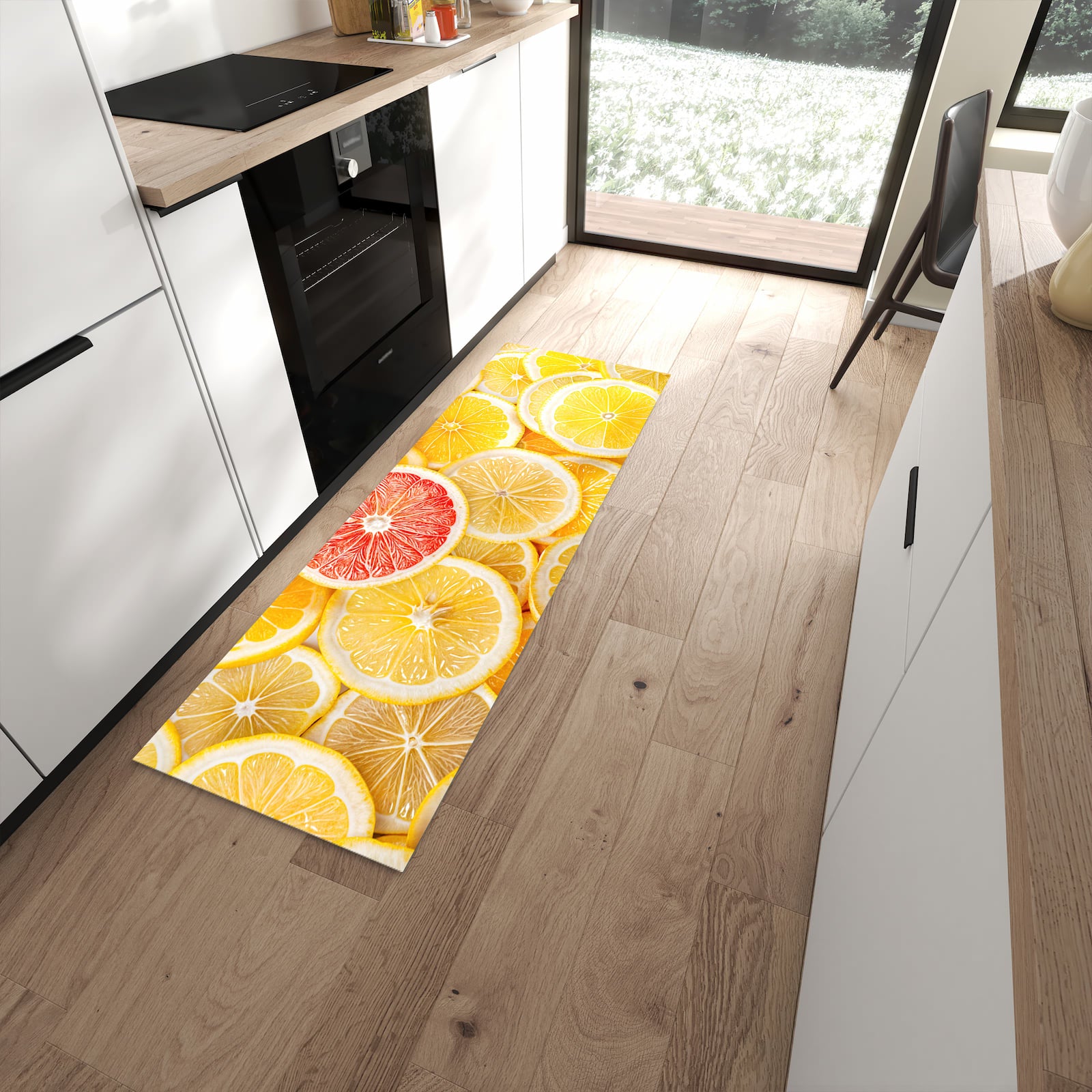 Langlebiger Küchenläufer mit Motiv Zitrusfrüchte in moderner Küche