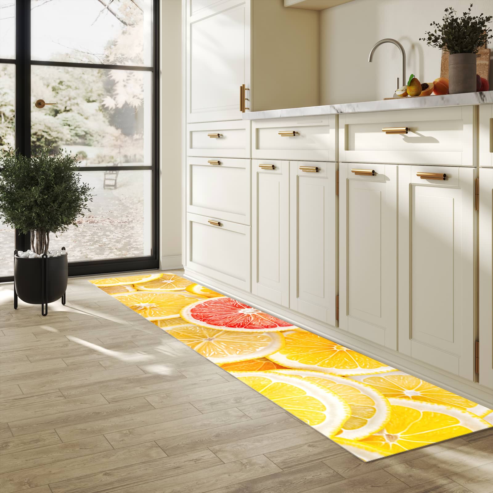 Geruchsneutraler Küchenläufer mit Motiv Zitrusfrüchte in heller Küche