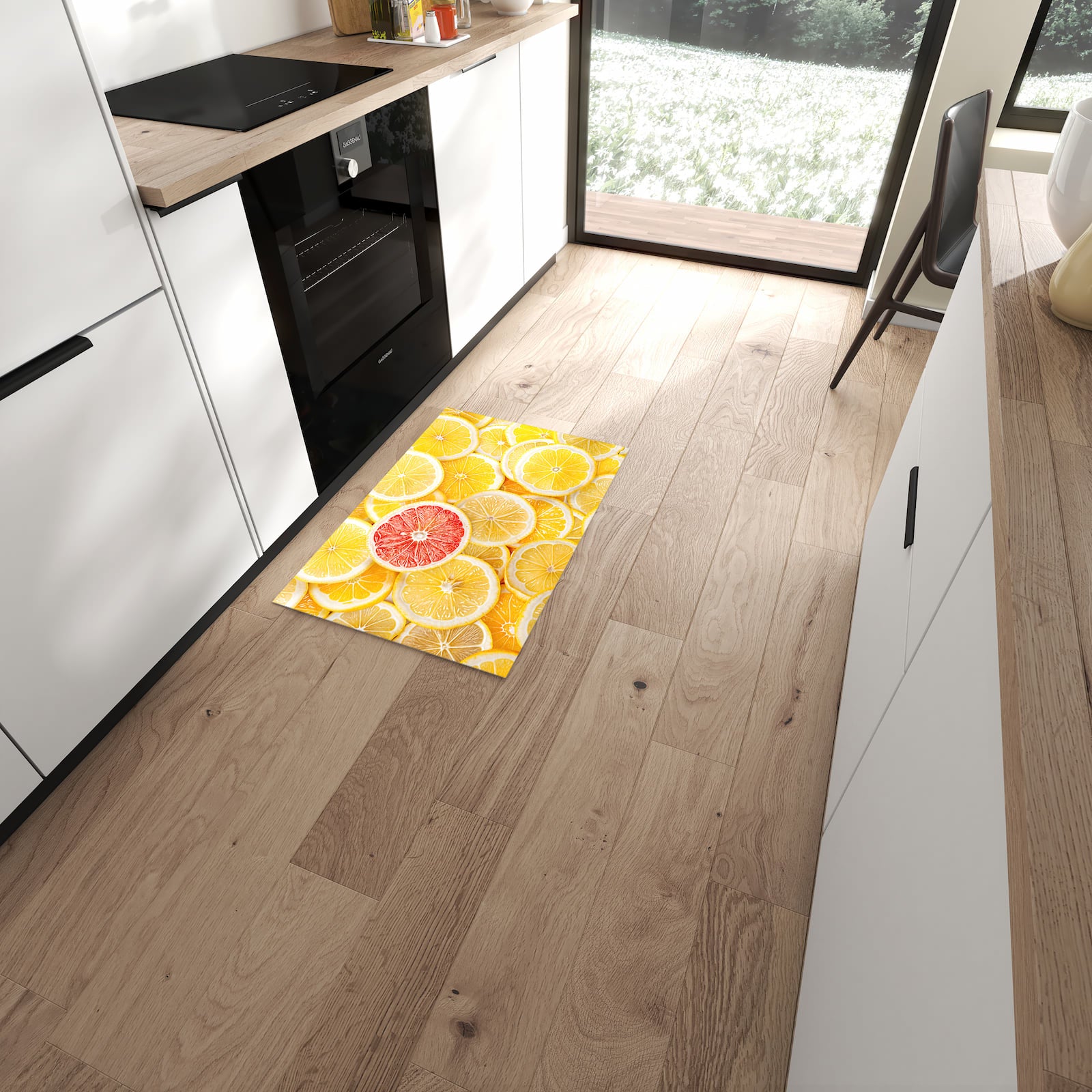 Komfortabler Küchenteppich mit Motiv Zitrusfrüchte in moderner Küche