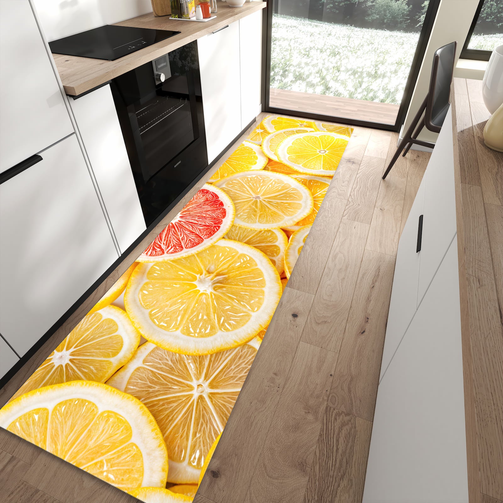 Langlebiger waschbarer Küchenteppich mit Motiv Zitrusfrüchte in moderner Küche