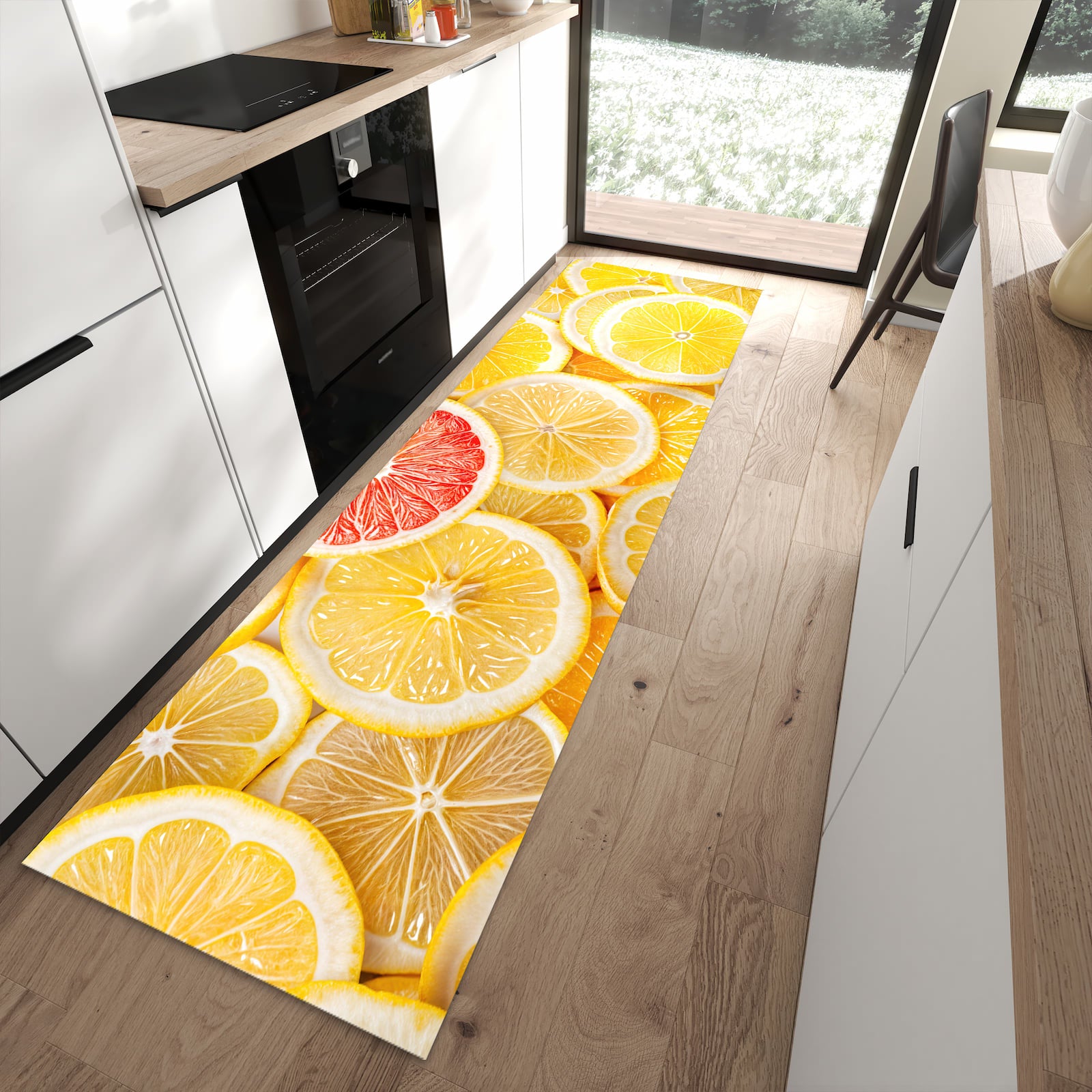 Waschbarer Küchenteppich mit Motiv Zitrusfrüchte in moderner Küche