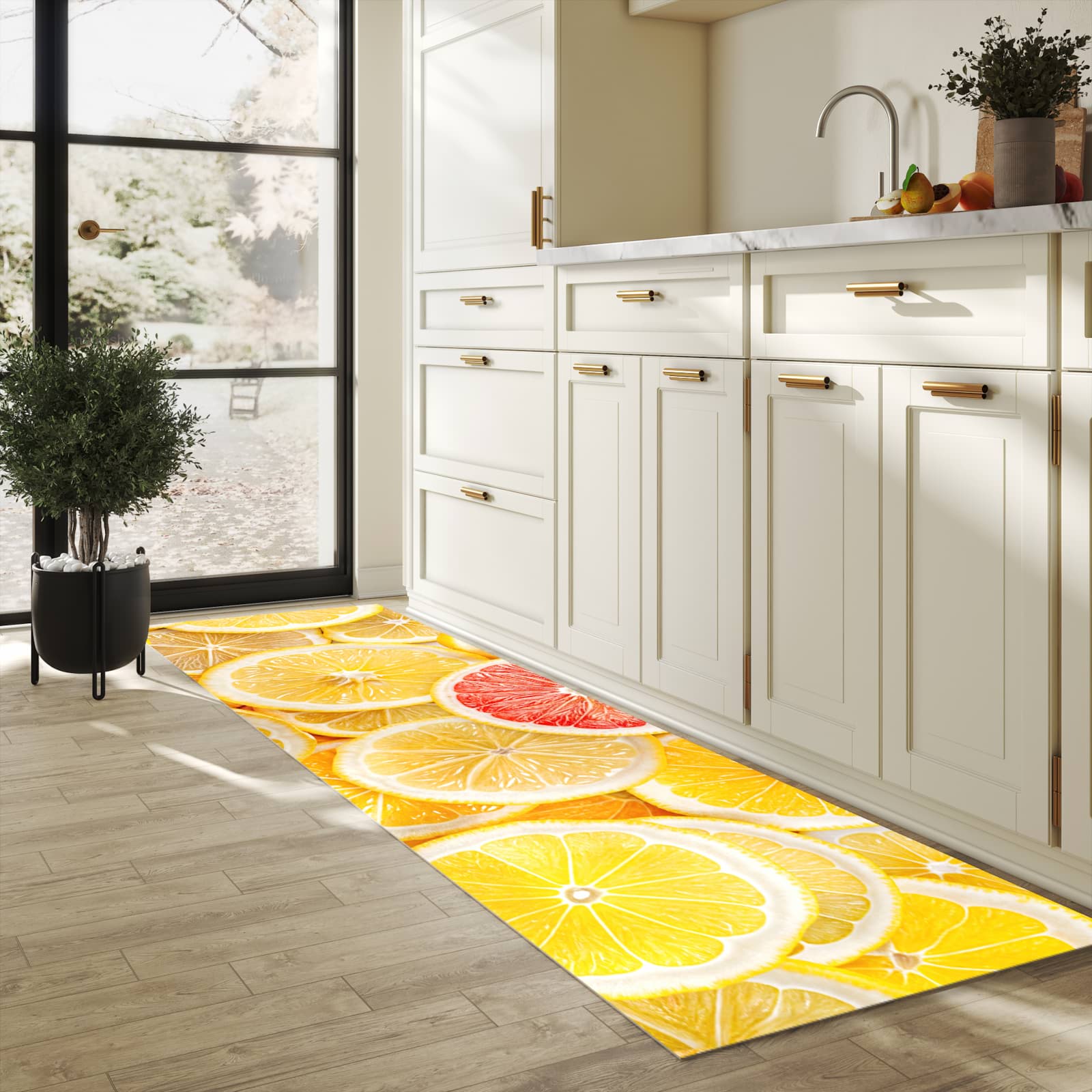 Rutschfester Läufer mit Motiv Zitrusfrüchte für Eingangsbereich in heller Küche