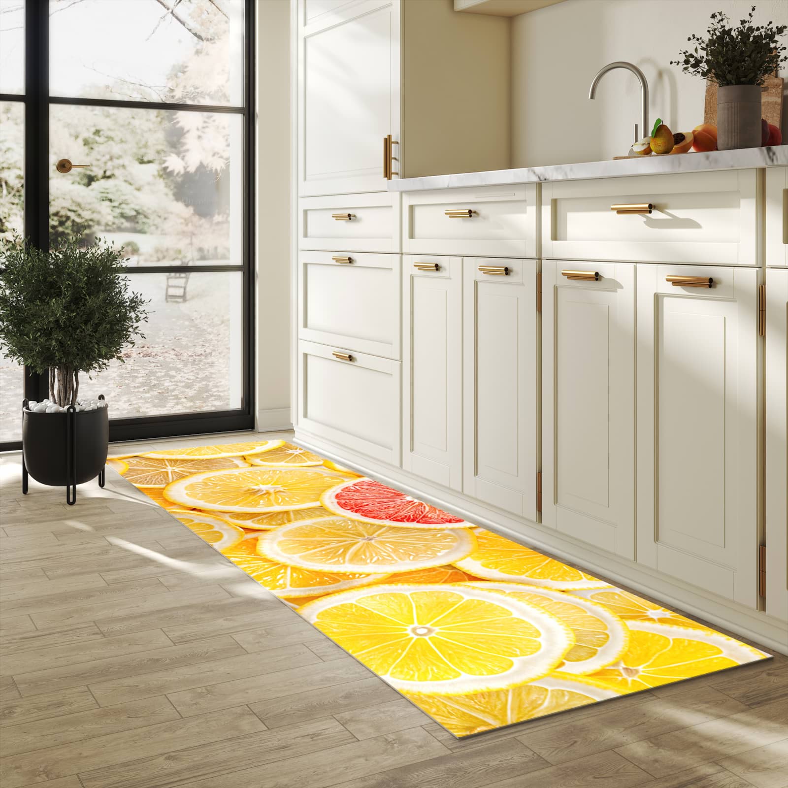 Komfortabler langer Teppich mit Motiv Zitrusfrüchte in heller Küche