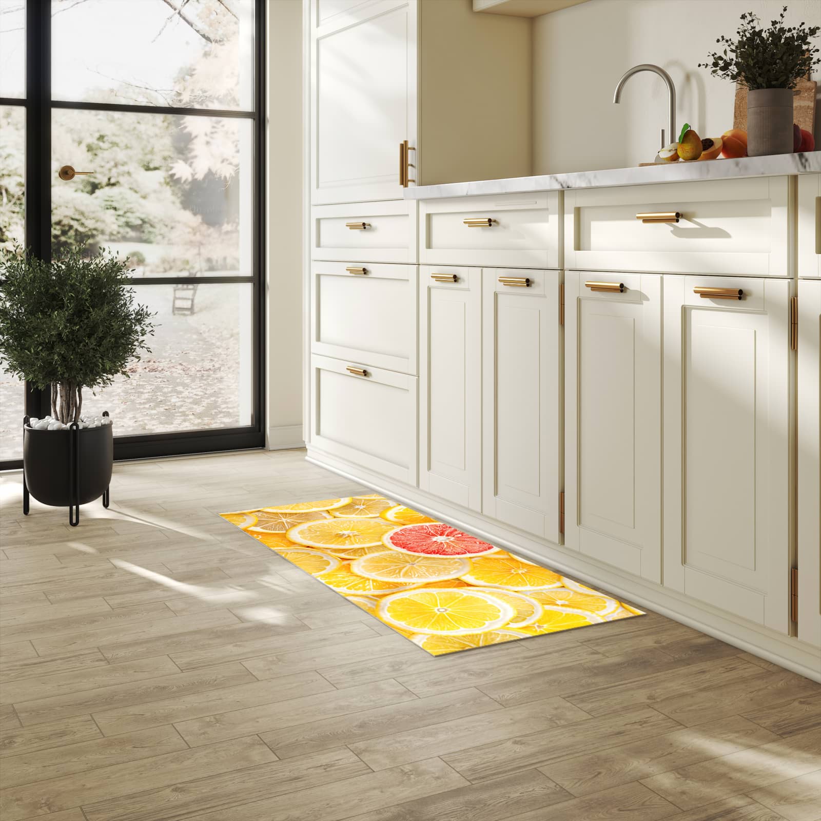 Küchenteppich mit Motiv Zitrusfrüchte für Trittkomfort in heller Küche