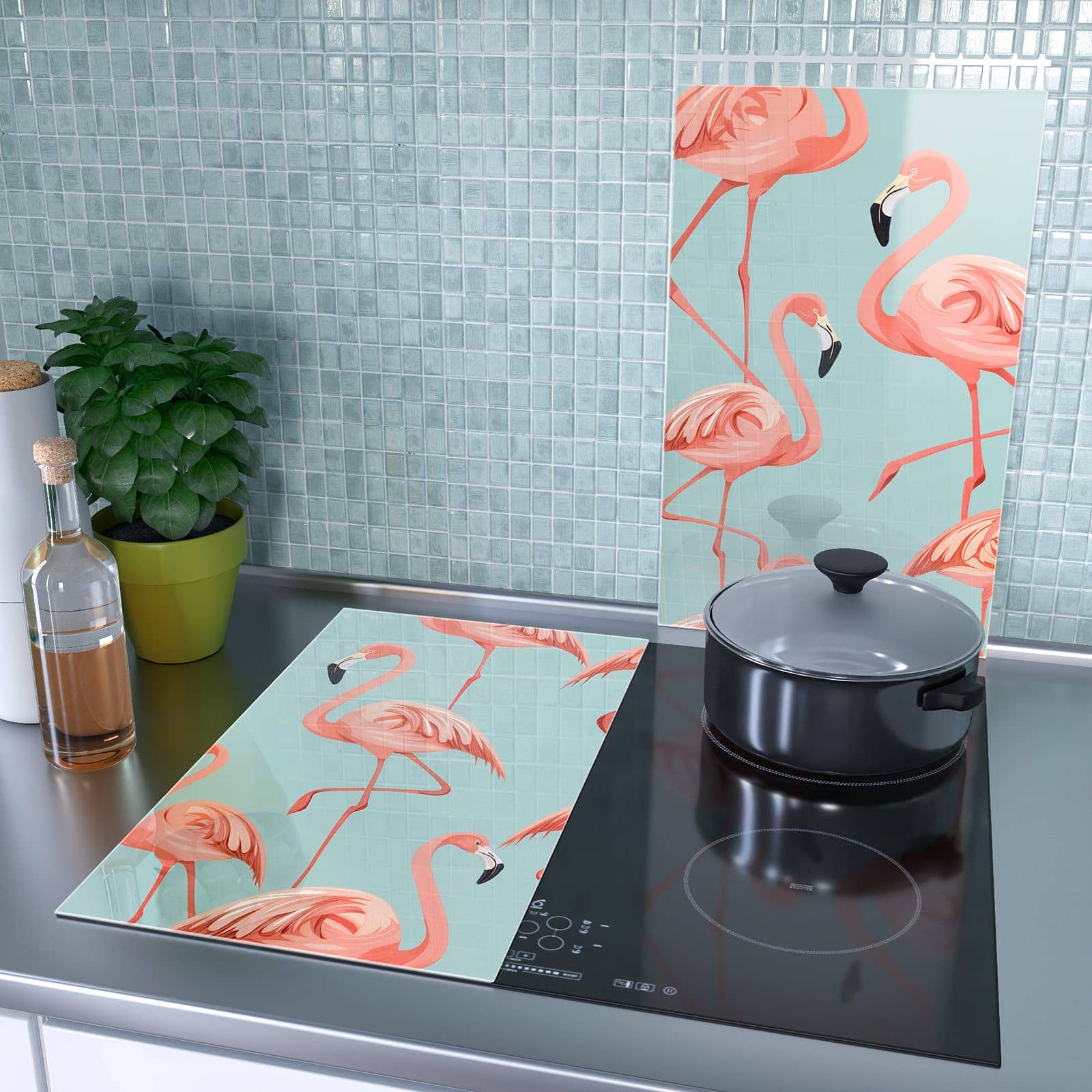 2-teilige Glasabdeckplatte für Ceranfeld mit Flamingo Design-Motiv als Spritzschutz hinter dem Kochfeld