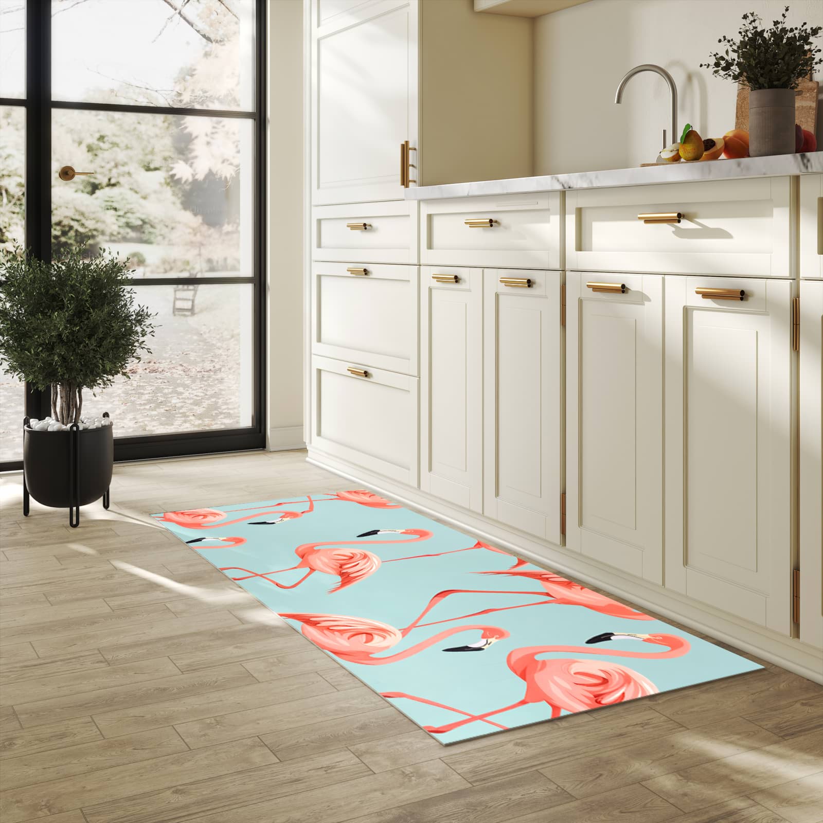 Hygienischer Küchenteppich mit Motiv Flamingo Design in heller Küche