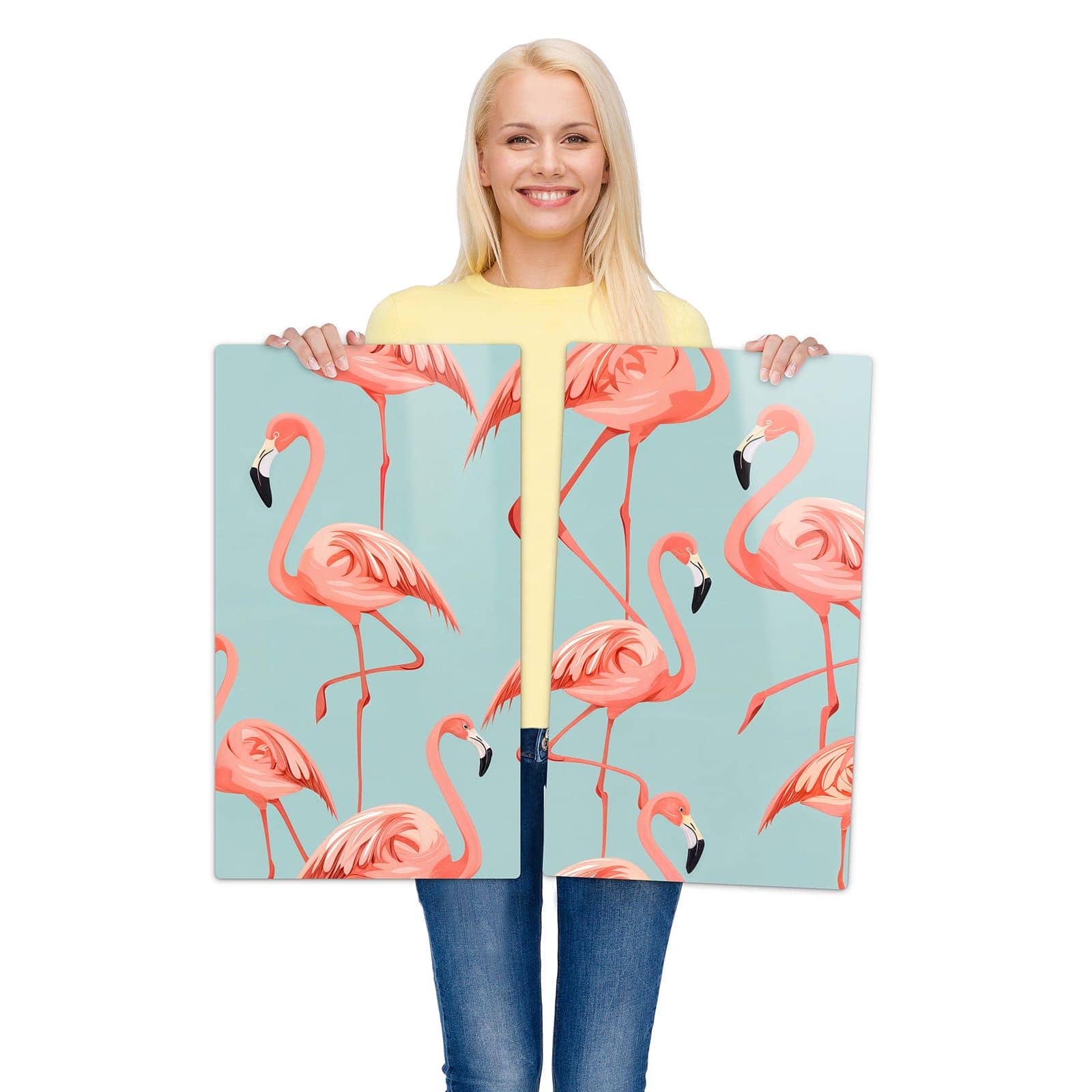 2-teilige Abdeckplatten für Herd mit Flamingo Design-Motiv wird zur Größendarstellung gehalten