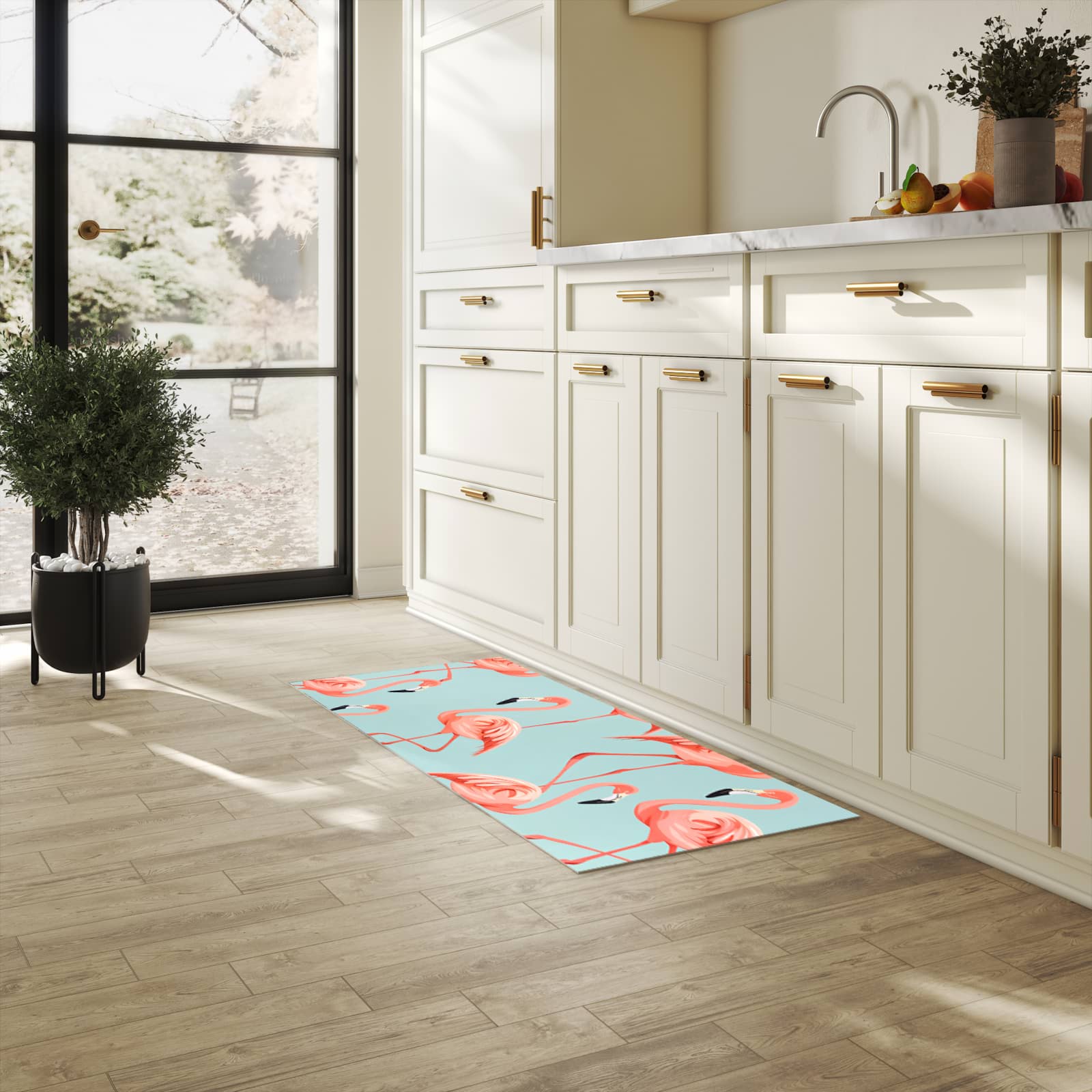 Flacher moderner Küchenläufer mit Motiv Flamingo Design in heller Küche