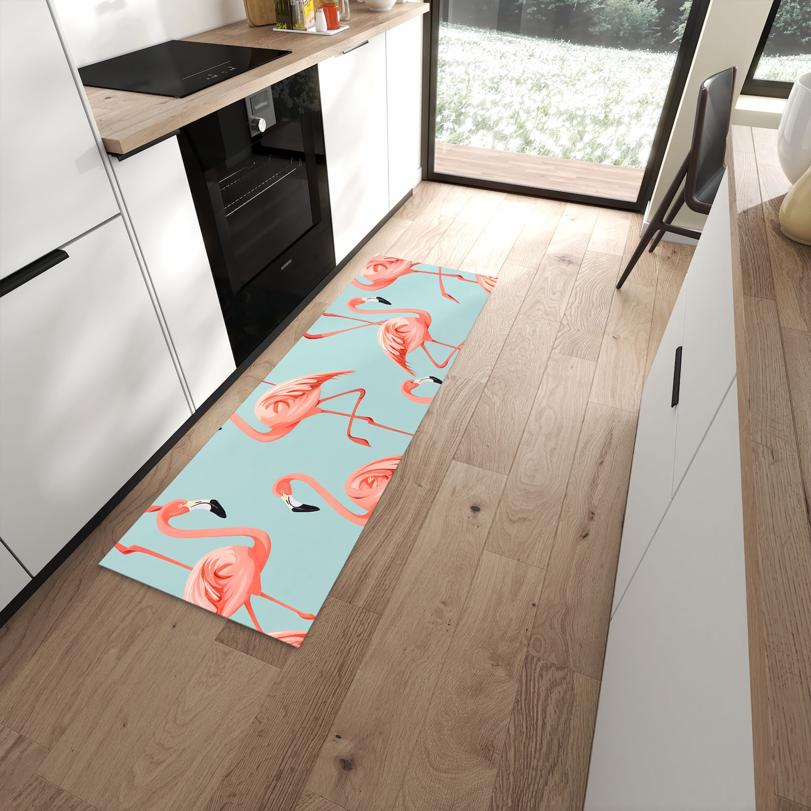 Bodenschonender Küchenläufer nach Maß mit Motiv Flamingo Design in moderner Küche