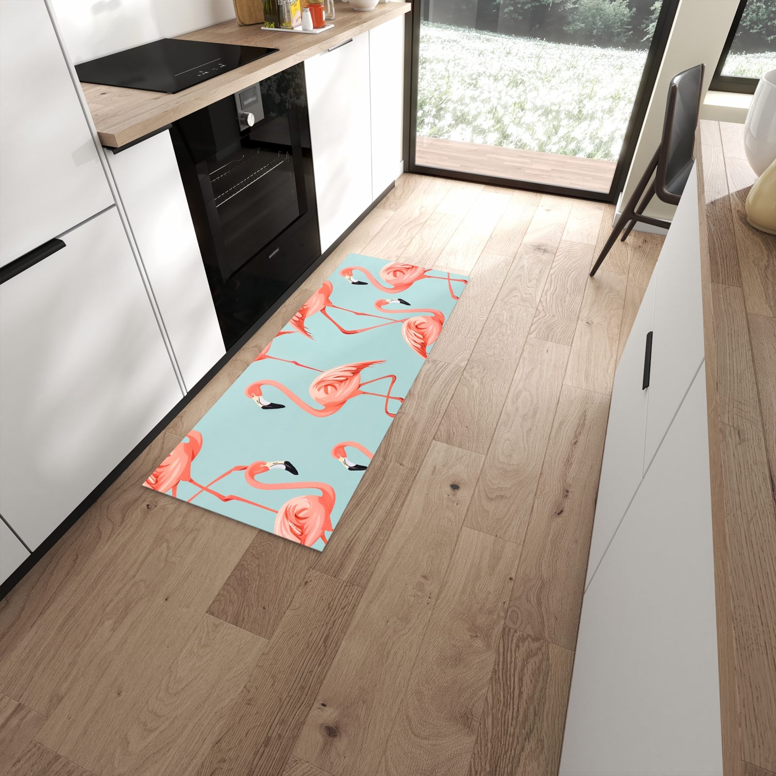 Ordnungsschaffender Küchenläufer mit Motiv Flamingo Design in moderner Küche #grösse_60 x 150 cm