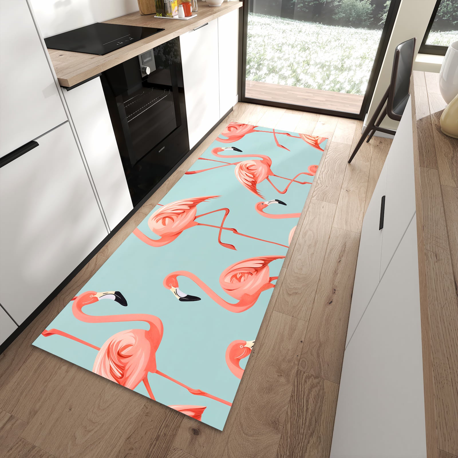 Fleckenresistenter Küchenteppich mit Motiv Flamingo Design in moderner Küche