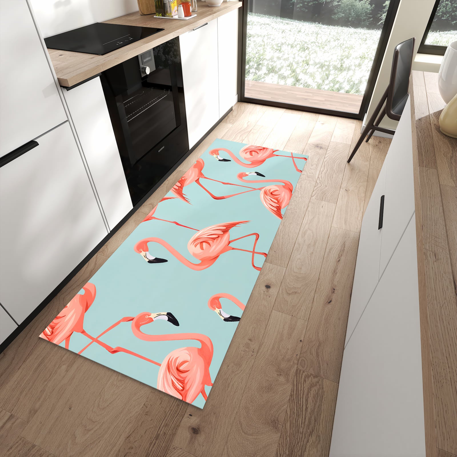 Geräuschdämpfender Küchenteppich mit Motiv Flamingo Design in moderner Küche