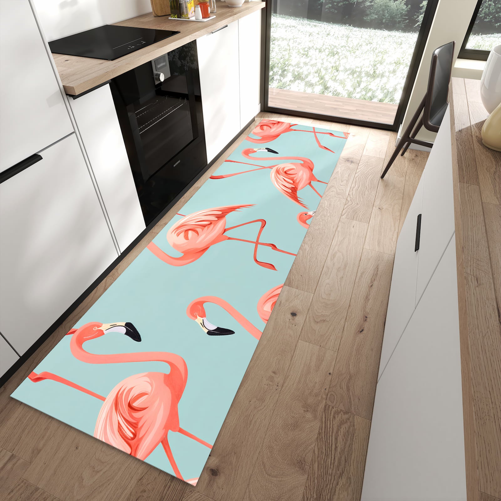 UV-beständiger Teppich für Küche mit Motiv Flamingo Design in moderner Küche