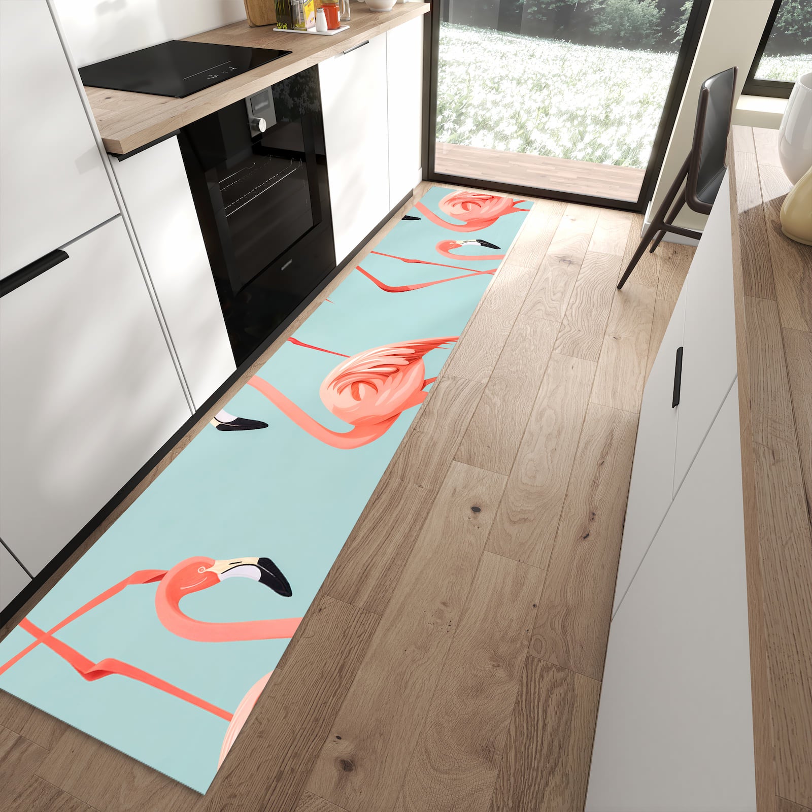 Abwaschbarer Küchenläufer mit Motiv Flamingo Design in moderner Küche