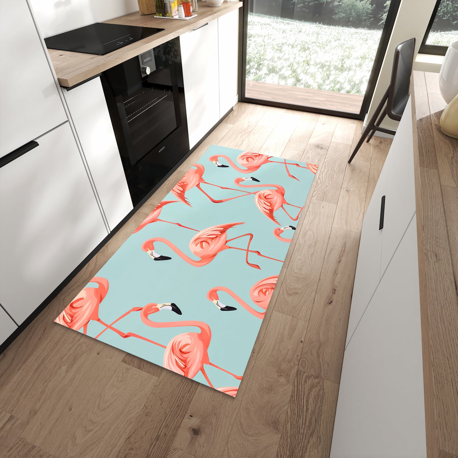Wasserabweisender Teppich für die Küche mit Motiv Flamingo Design in moderner Küche