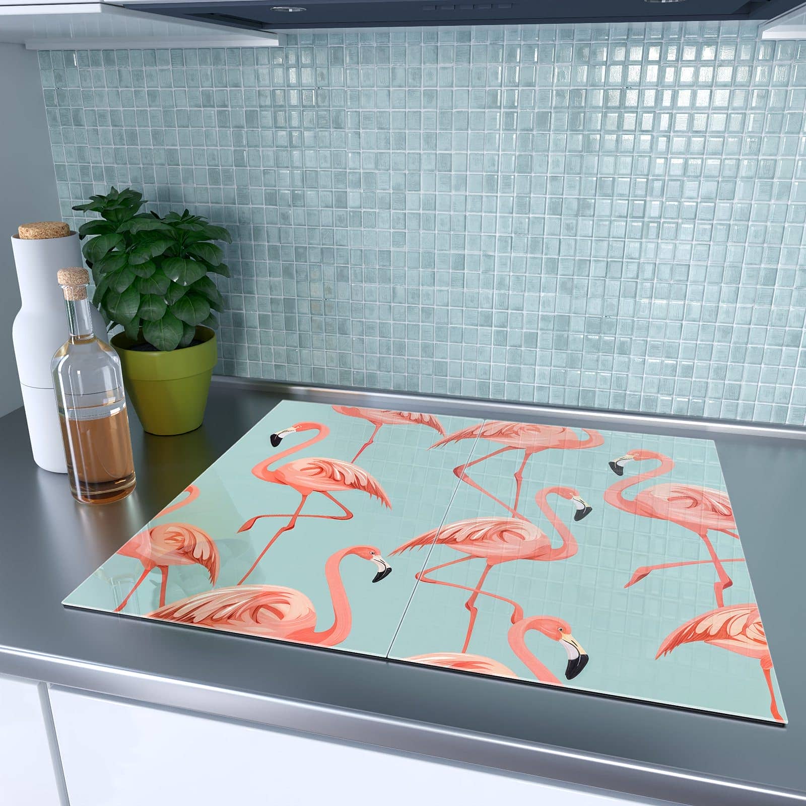 2-teilige Herdabdeckung für Induktionsfeld mit Flamingo Design-Motiv auf dem Ceranfeld
