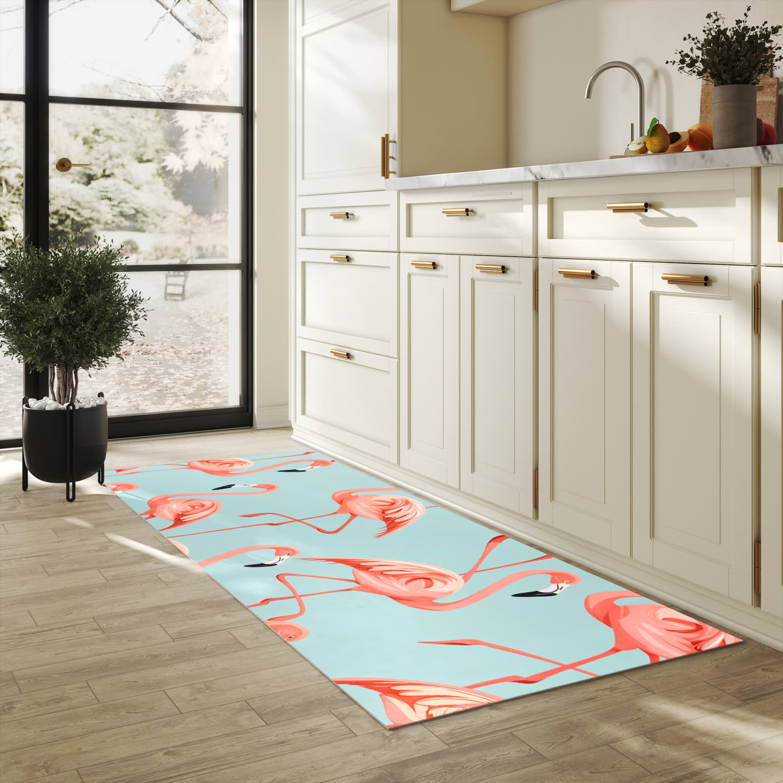 Abriebfester Läufer für die Küche mit Motiv Flamingo Design in heller Küche