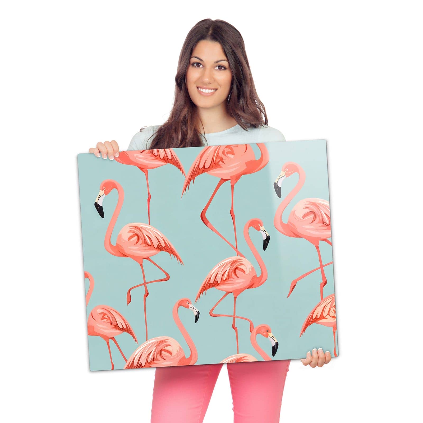 Glasplatte für Herd mit Flamingo Design-Motiv wird zur Größendarstellung gehalten